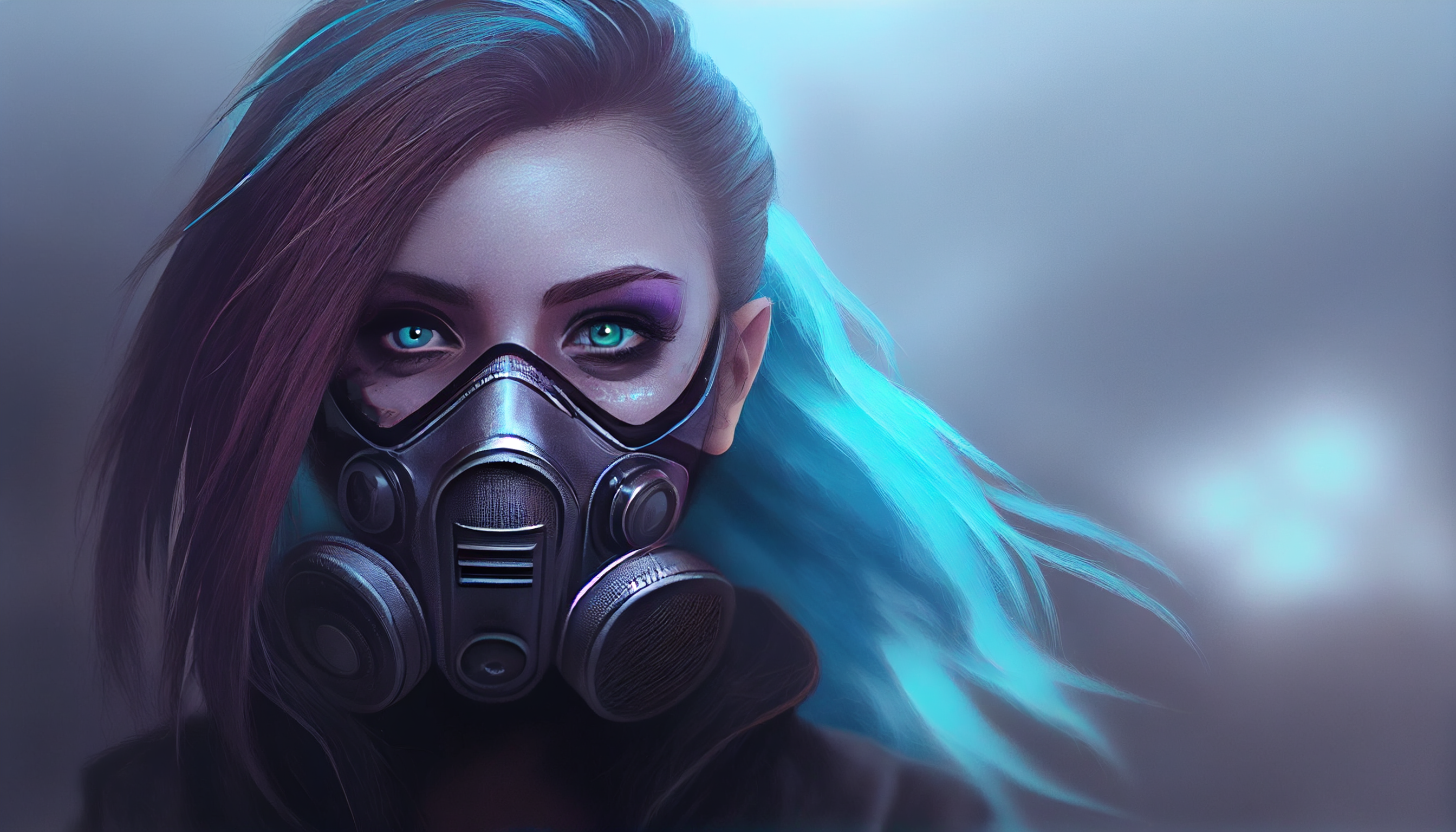 General 2688x1536 AI art women illustration gas masks blue hair cyberpunk mask blue eyes