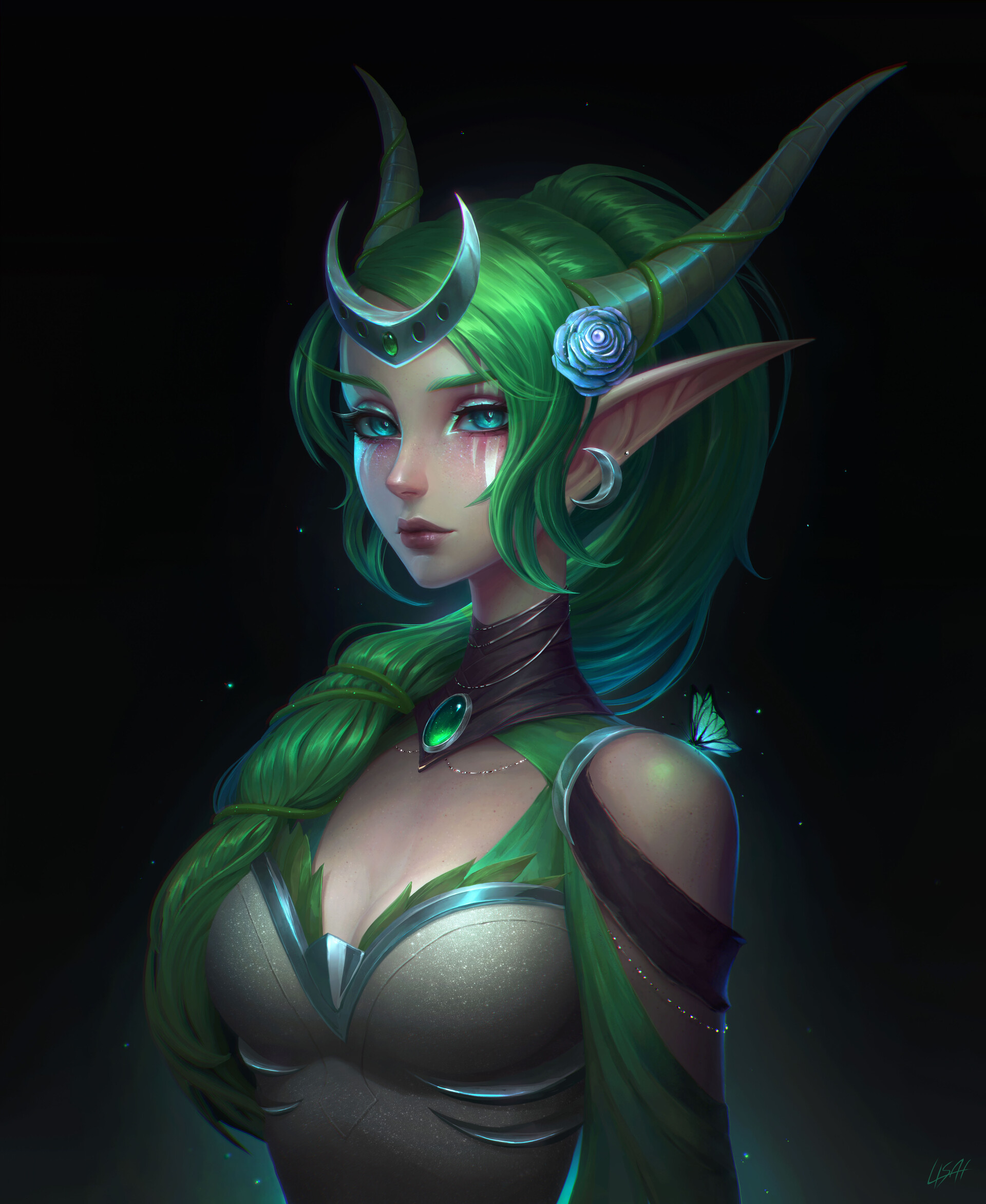 General 1920x2344 Ysera digital art artwork illustration women horns pointy ears fan art video game characters portrait display portrait green hair fantasy art looking at viewer fantasy girl World of Warcraft Warcraft long hair cleavage butterfly