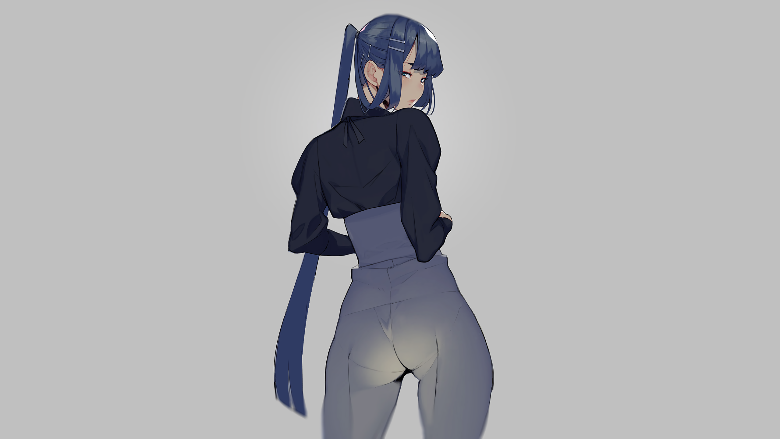 Anime 2560x1440 anime anime girls simple background minimalism gray background ponytail ass the gap rear view looking at viewer Namaniku ATK looking back long hair
