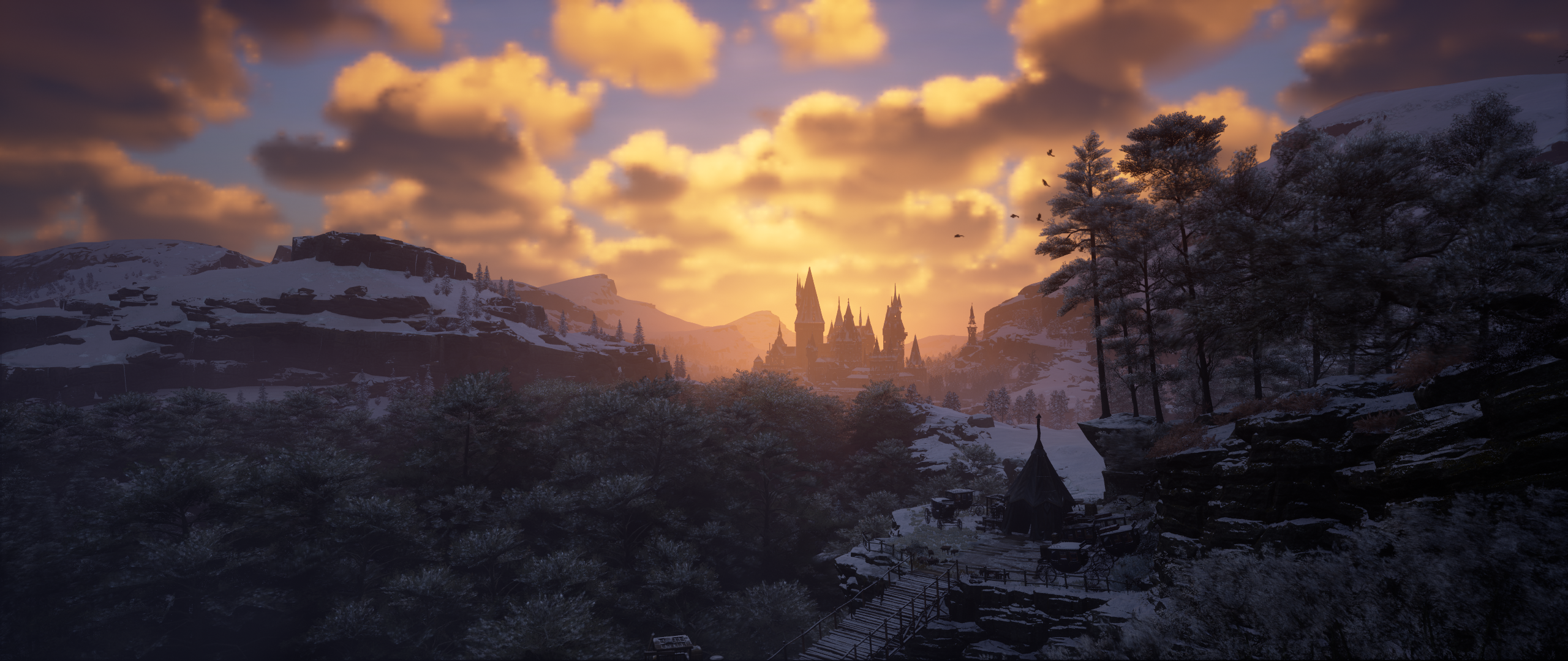 General 2560x1080 Hogwarts Hogwarts Legacy Harry Potter PC gaming landscape screen shot Avalanche Software clouds video games sky sunset glow sunset trees snow CGI