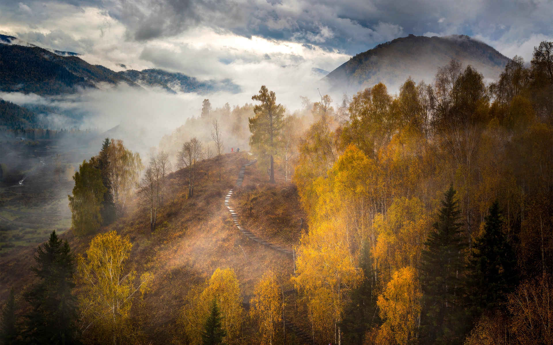 General 1920x1200 nature landscape trees hills fall clouds forest Kazakhstan mountains fog