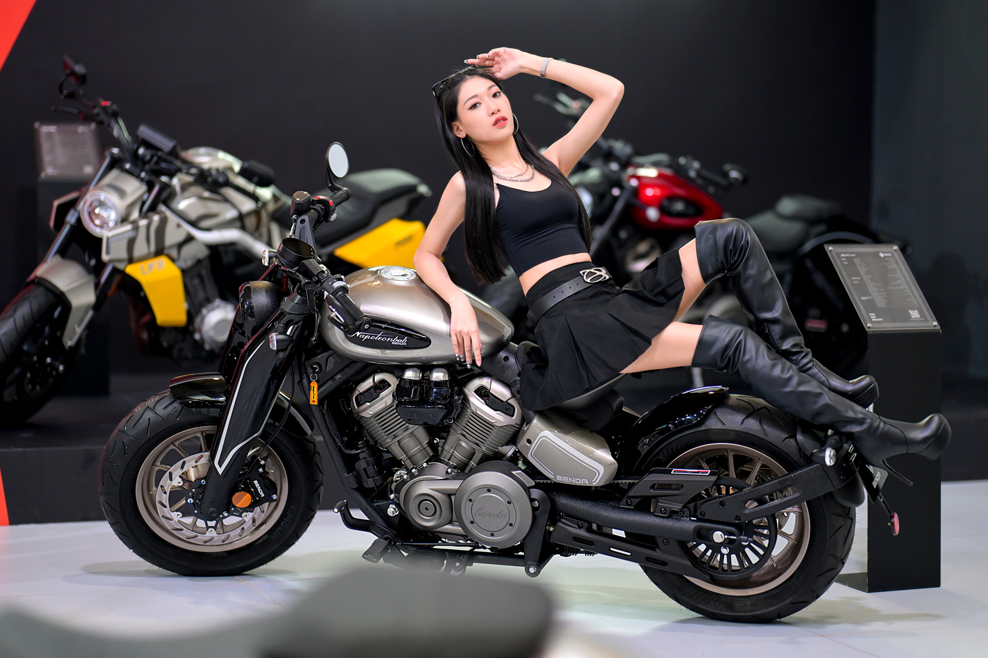 People 1920x1280 Asian model women long hair dark hair sitting biker girl motorcycle knee-high boots