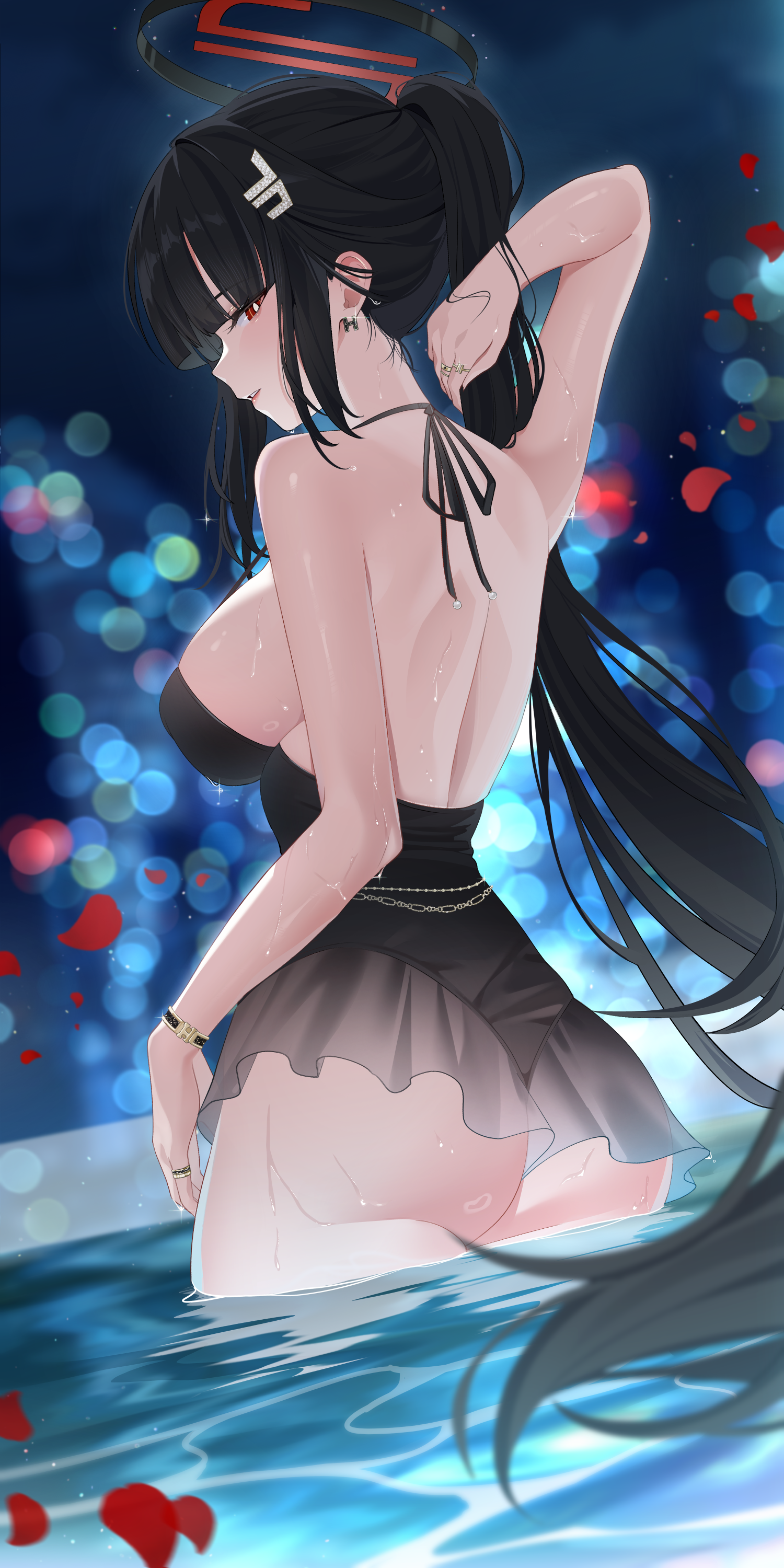 Anime 1500x3000 anime anime girls Tsukatsuki Rio Blue Archive ohu21 looking at viewer looking over shoulder ass portrait display standing standing in water water black hair red eyes hair clip long hair ponytail one arm up sideboob big boobs bracelets parted lips sparkles petals rings earring night backless dress rear view
