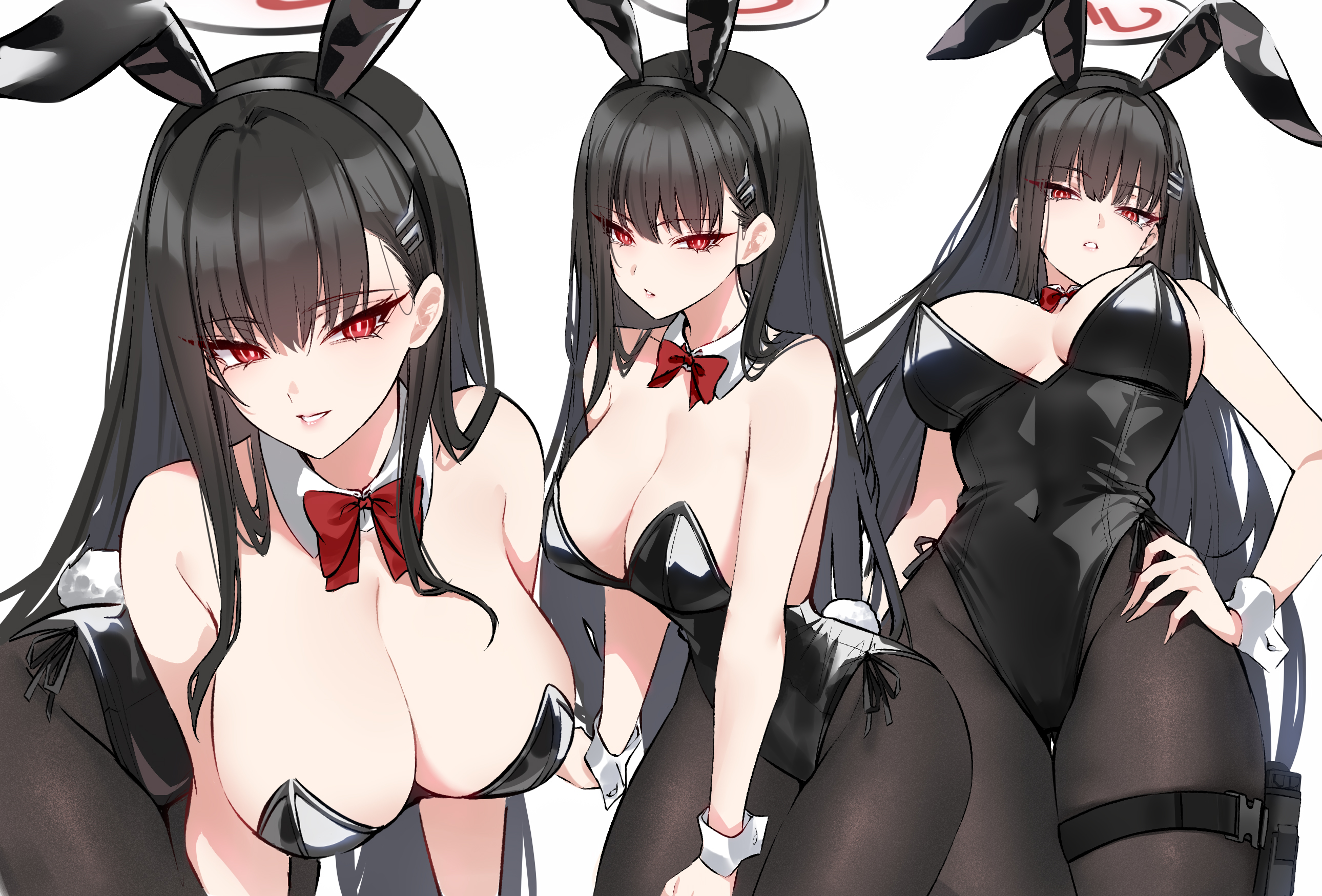 Anime 2580x1749 Blue Archive big boobs Tsukatsuki Rio long hair black hair hair ornament looking at viewer hair clip simple background leotard white background holster black leotard pantyhose strapless leotard thighs bow tie bare shoulders black pantyhose tail Shigure bunny ears bunny suit cleavage bunny girl red eyes