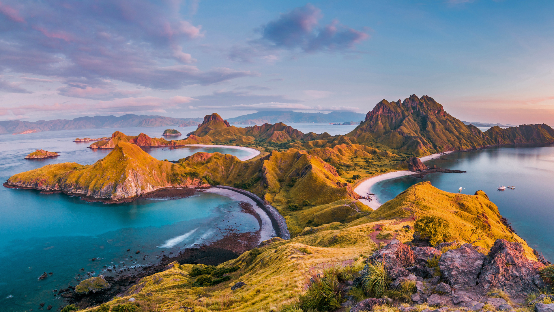 General 1920x1080 nature landscape sky clouds water mountains rocks grass plants boat far view Komodo National Park Indonesia Bali