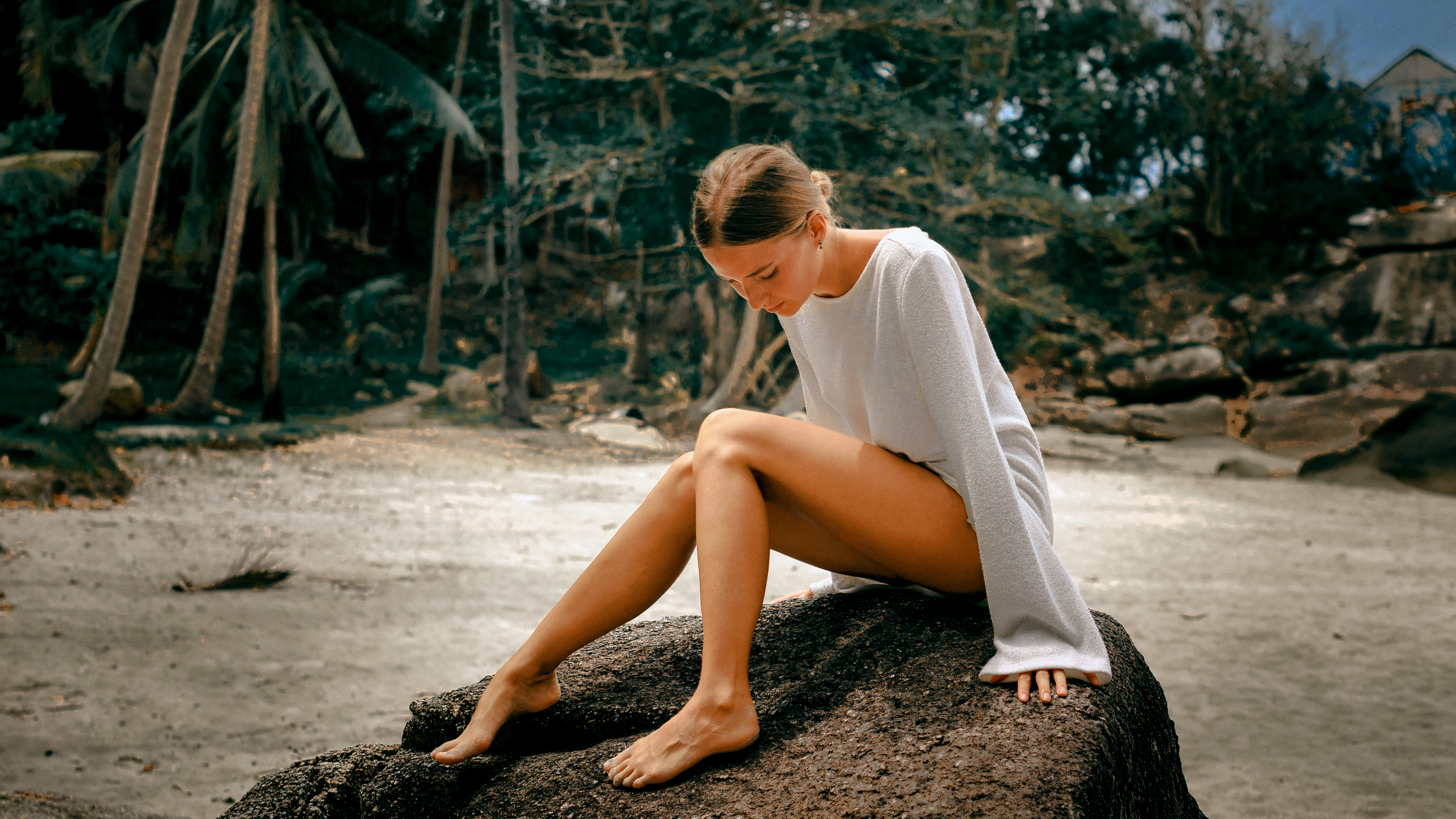 People 3500x1968 Aleksey Gurylev women legs barefoot nature rocks long sleeves