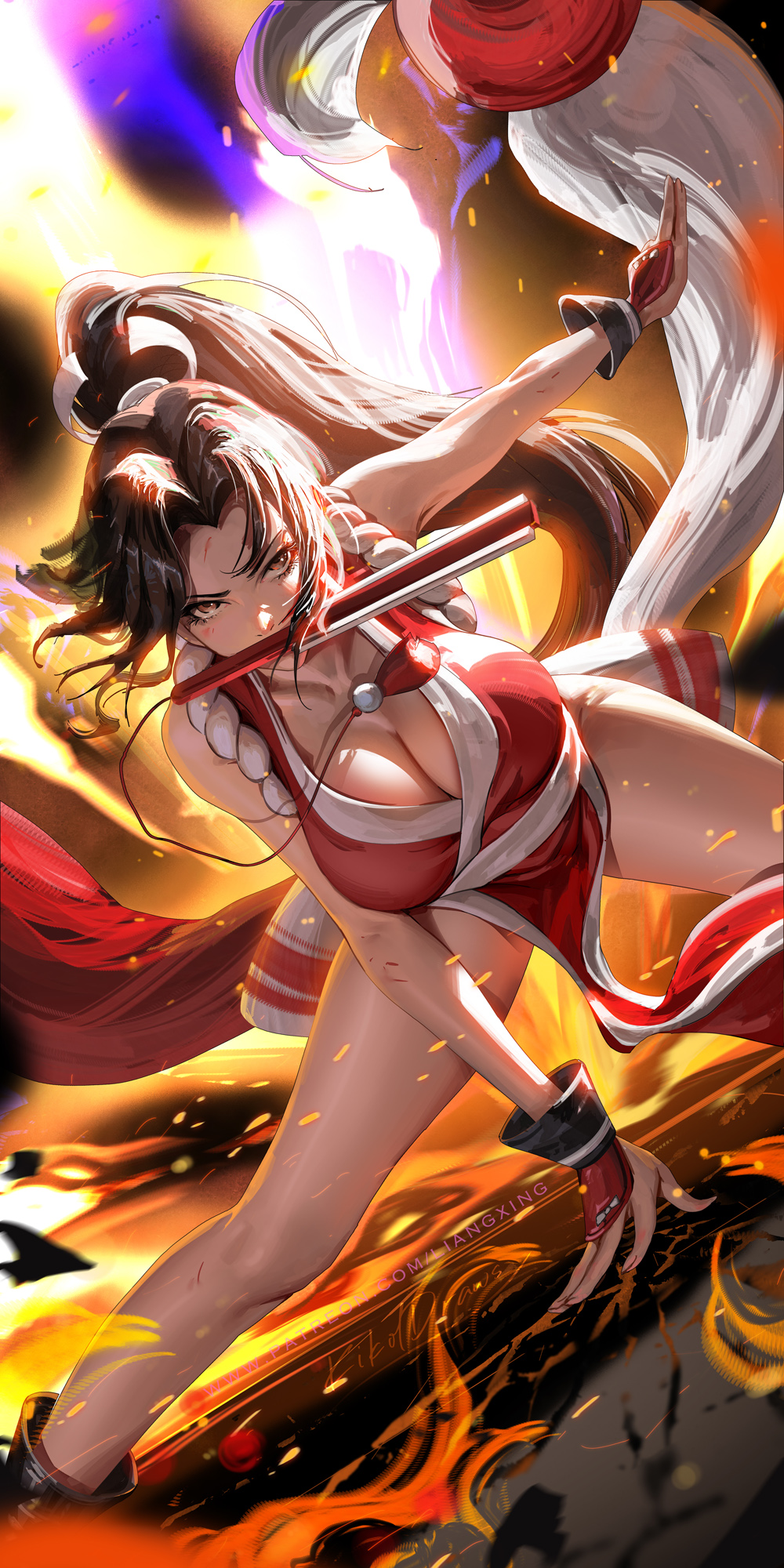 Anime 1000x2000 Fatal Fury Mai Shiranui King of Fighters big boobs looking at viewer thighs spread legs mouth hold fighting stance ponytail long hair brown eyes video game girls fire watermarked blood cleavage brunette Jason Liang