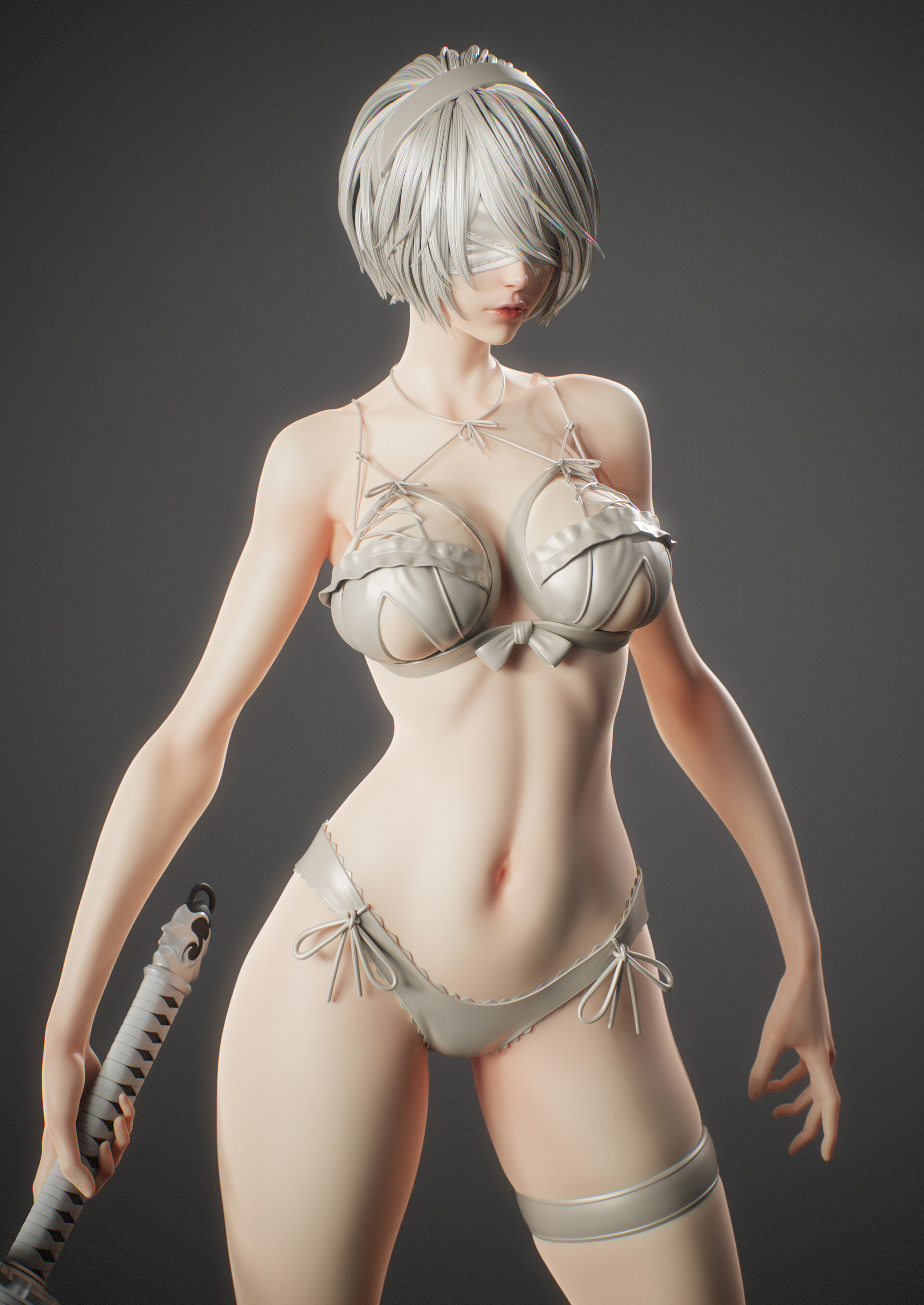 General 1920x2710 Pei Shi Jun CGI lingerie 2B (Nier: Automata) simple background skimpy clothes standing frontal view spread legs belly button thigh strap leg ring thigh band