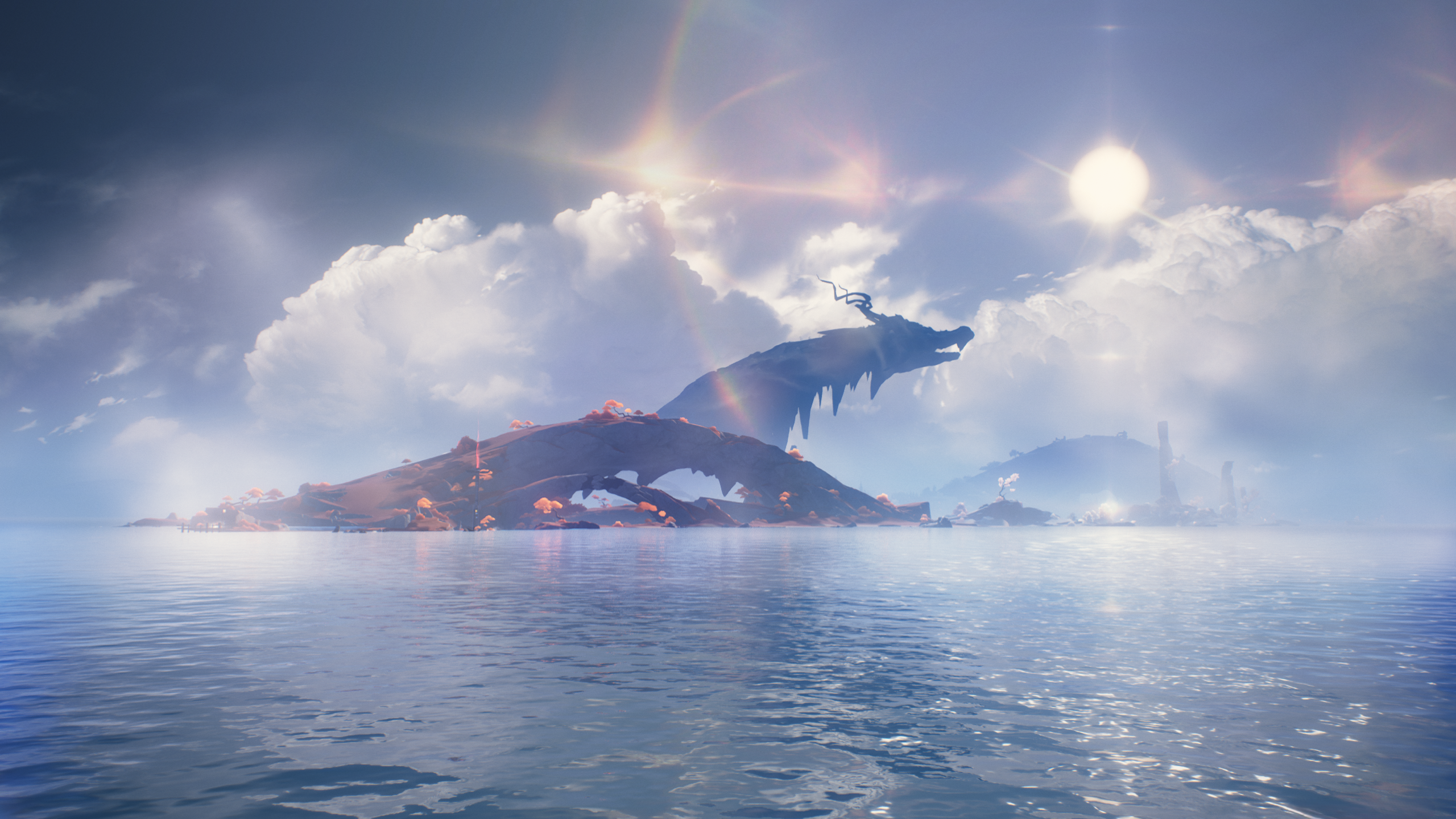 Anime 2560x1440 Wuthering Waves screen shot anime screenshot dragon mountain view sea Sun video game landscape