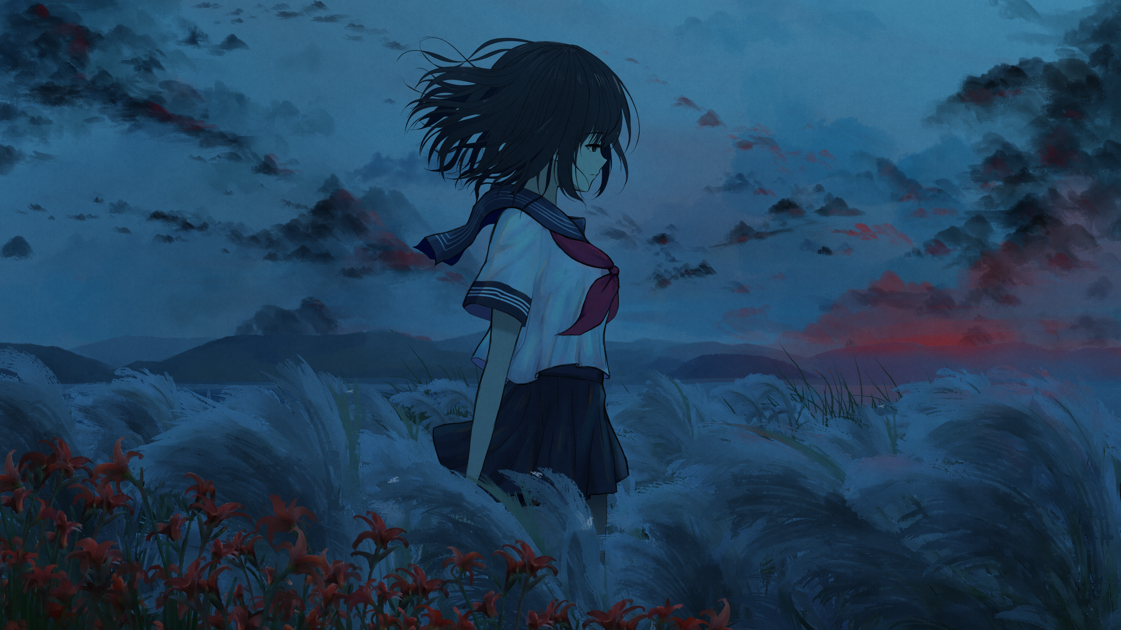 Anime 3840x2160 anime anime girls school uniform flowers grass clouds sky dan-98 digital art