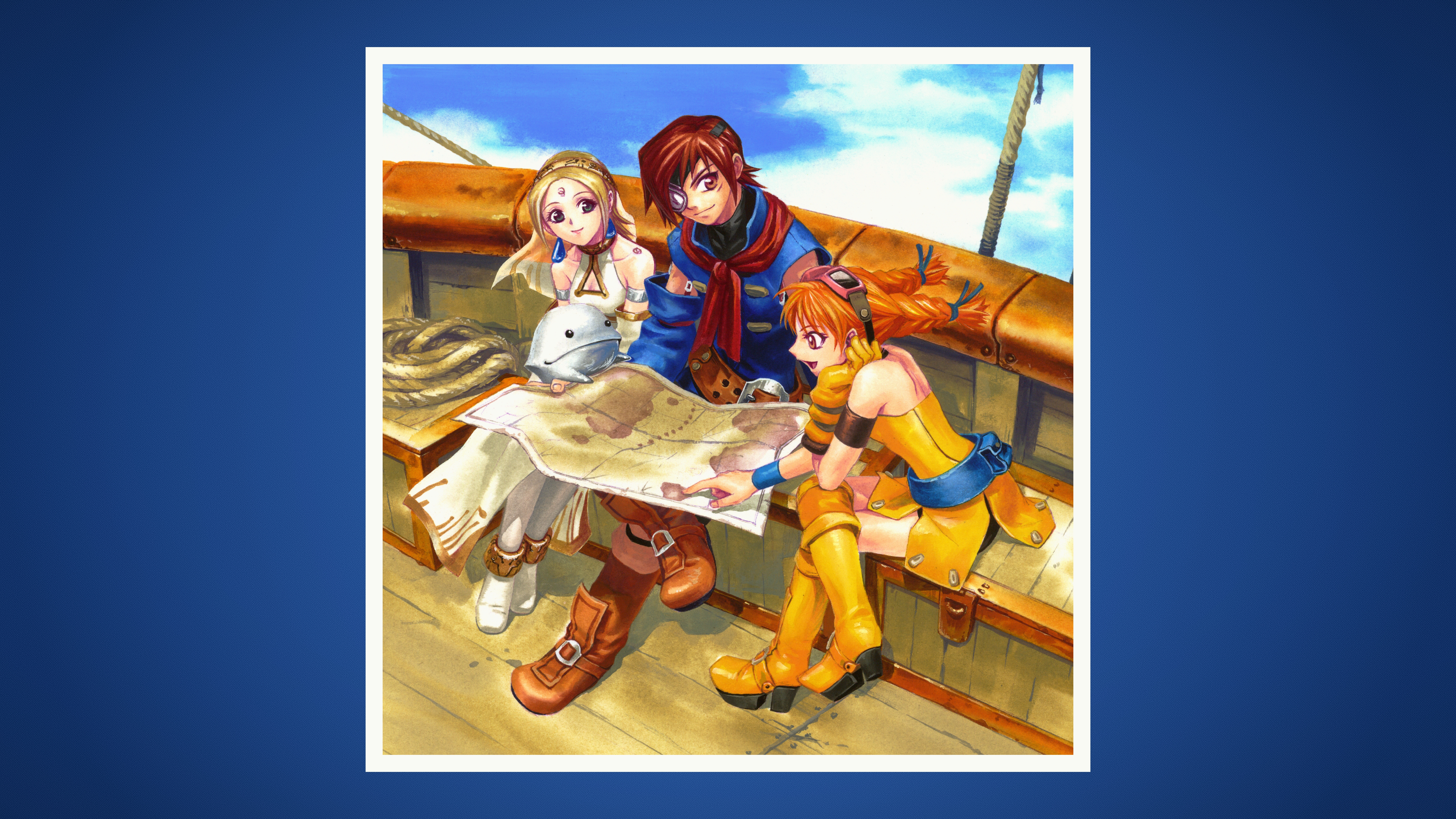 Anime 6400x3600 video games minimalism video game boys video game girls simple background Skies of Arcadia Fina (Skies of Arcadia) Vyse (Skies of Arcadia) Aika (Skies of Arcadia) pirates ship skirt miniskirt dress white dress blonde redhead brunette eyepatches glasses twintails braids clouds scarf detached sleeves earring tattoo Cupil (Skies of Arcadia) cleavage cutout map boots leather boots ropes rigging (ship) knee-high boots