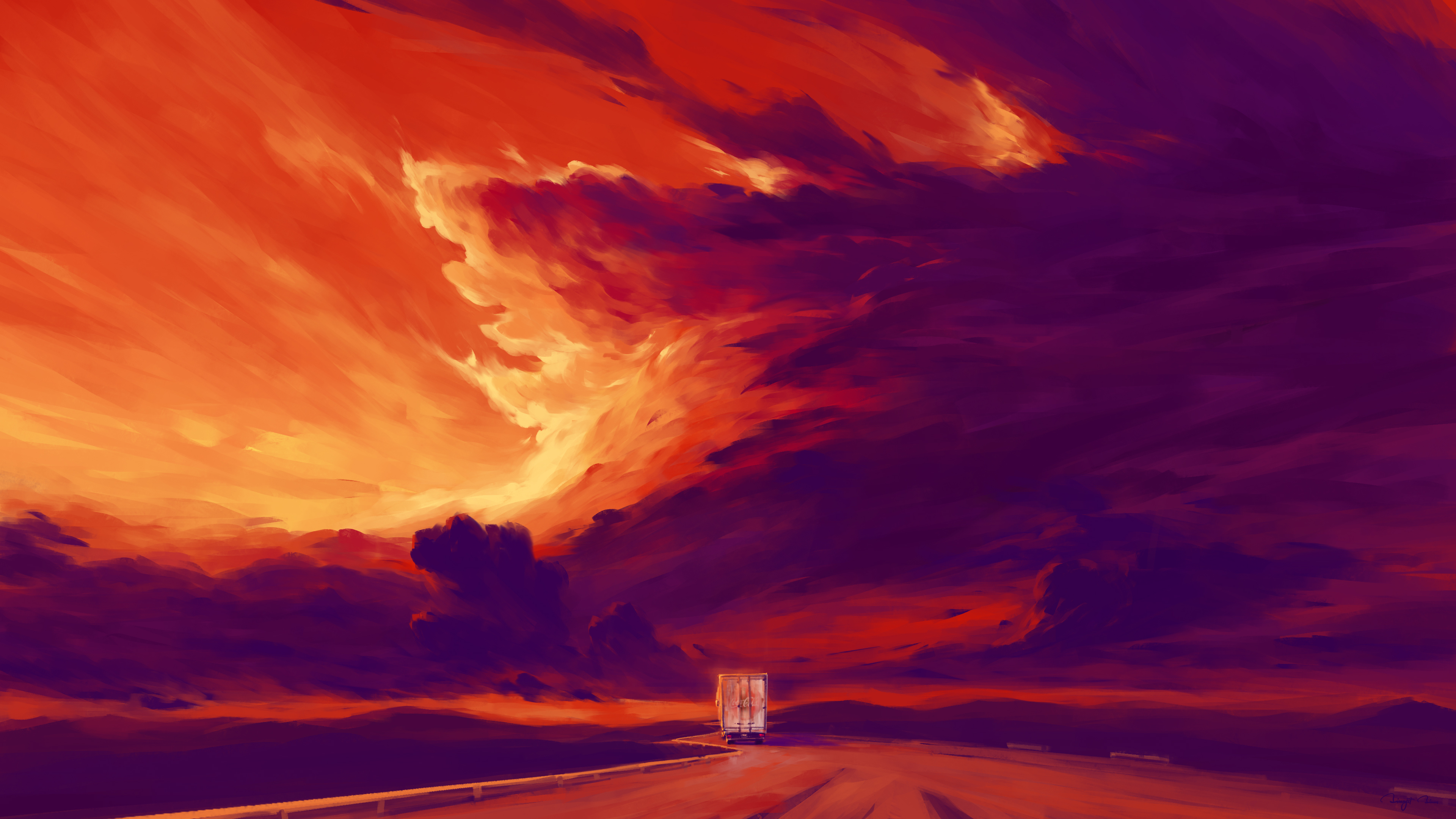 General 3840x2160 BisBiswas landscape clouds sunset road truck digital art artwork illustration painting signature 4K