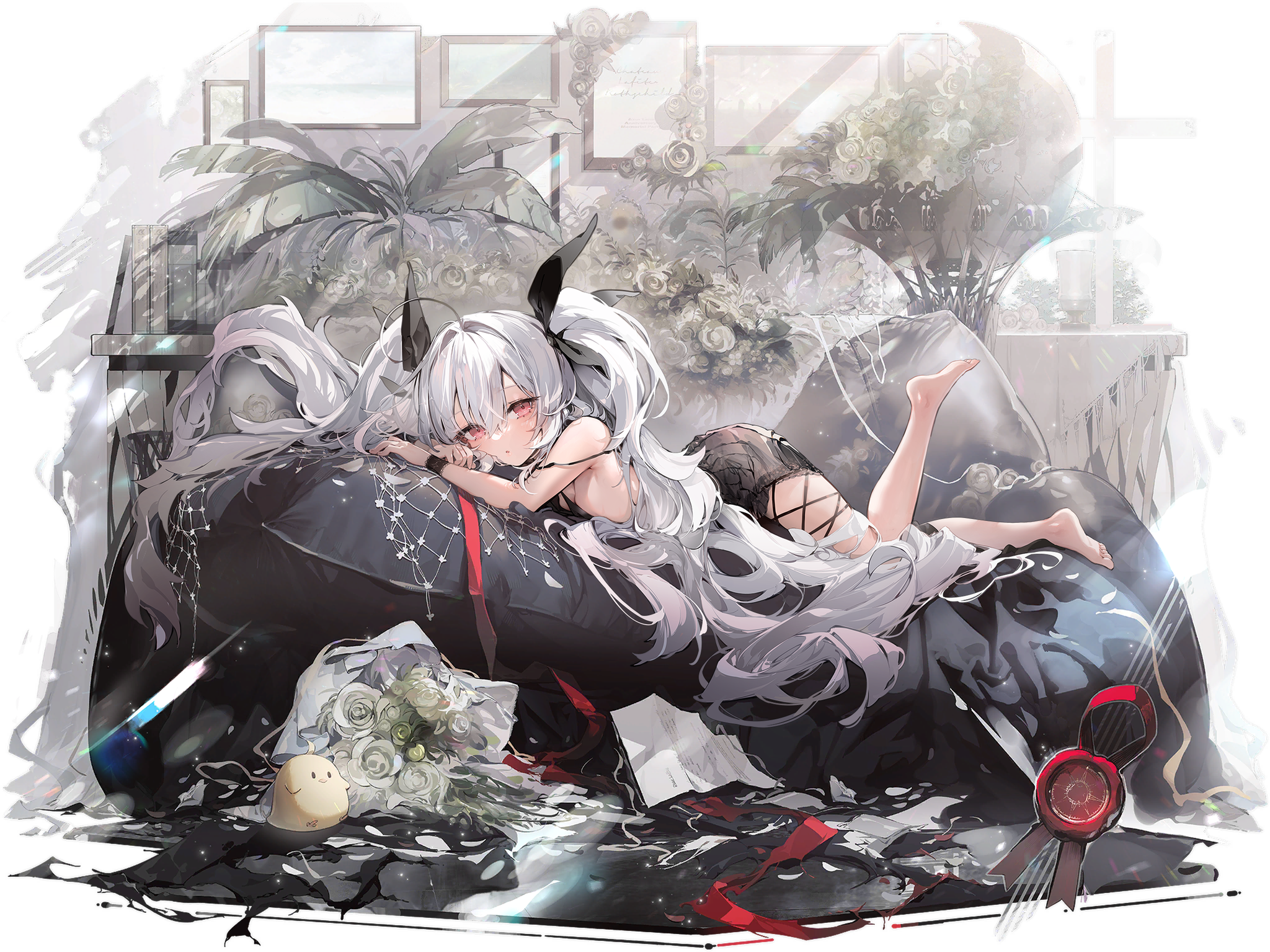 Anime 2048x1535 anime girls Azur Lane lying on front long hair feet water flowers looking at viewer leaves white hair red eyes