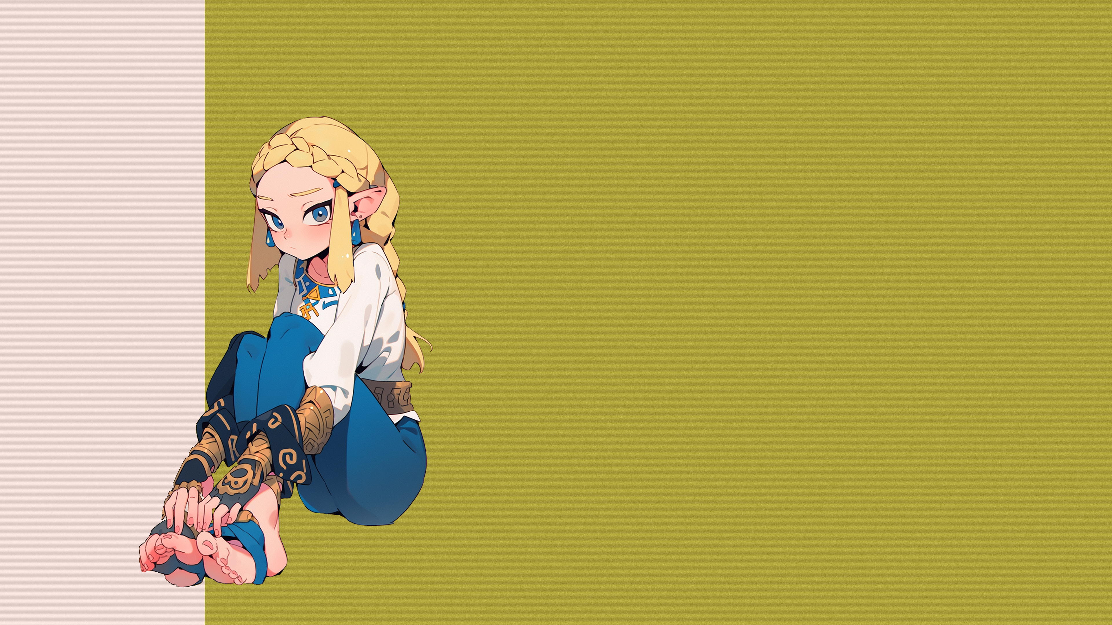 Anime 3840x2160 Zelda The Legend of Zelda braids blonde video games Nintendo gloves fingerless gloves long hair blue eyes looking at viewer shy toeless legwear barefoot feet toes blue pants pants white shirt long sleeves pointy ears simple background earring long shirt belt The Legend of Zelda: Breath of the Wild thighs thighs together touching feet sitting video game girls
