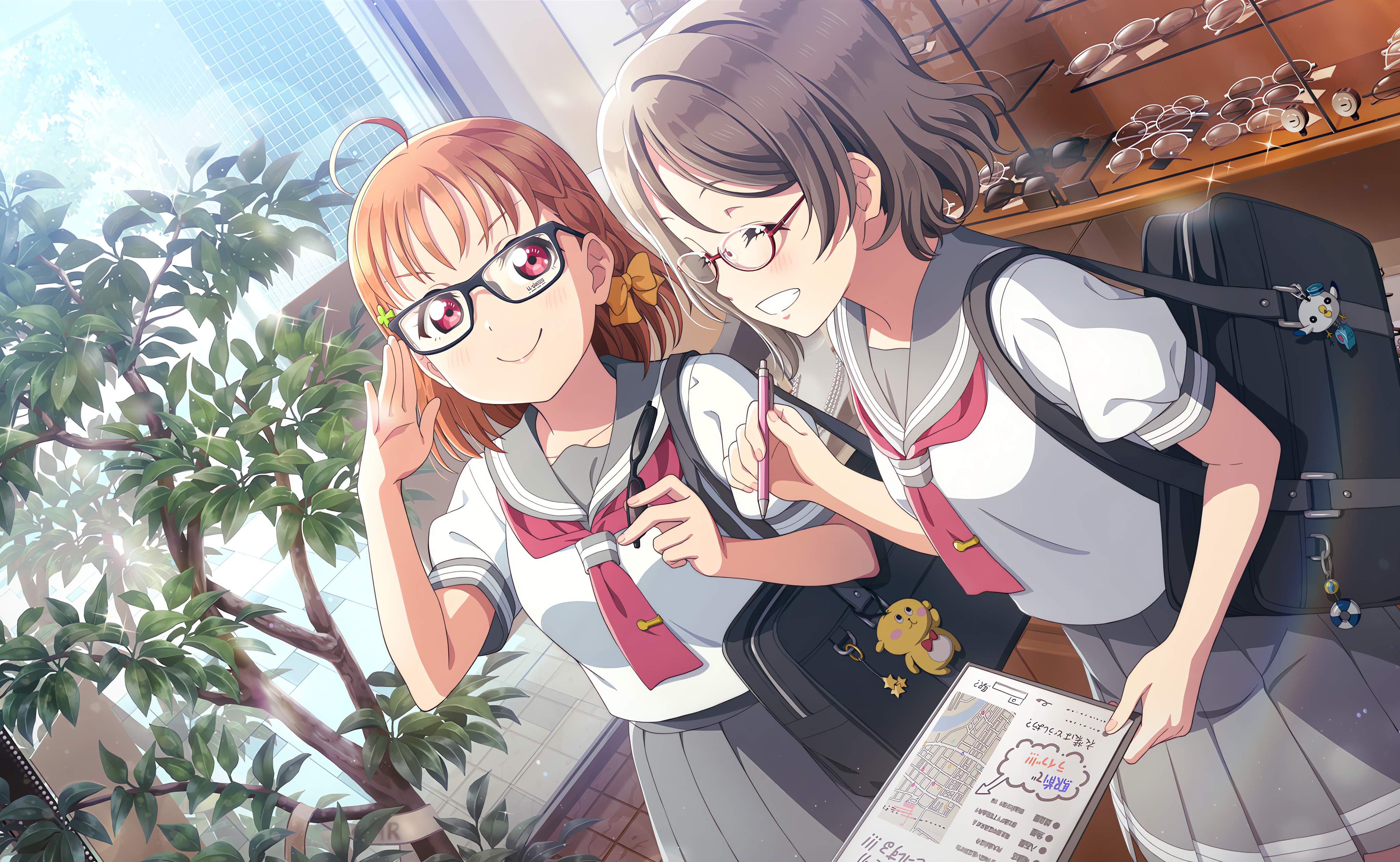 Anime 4096x2520 Takami Chika Love Live! Love Live! Sunshine anime anime girls glasses smiling leaves stars schoolgirl school uniform short hair closed eyes Japanese
