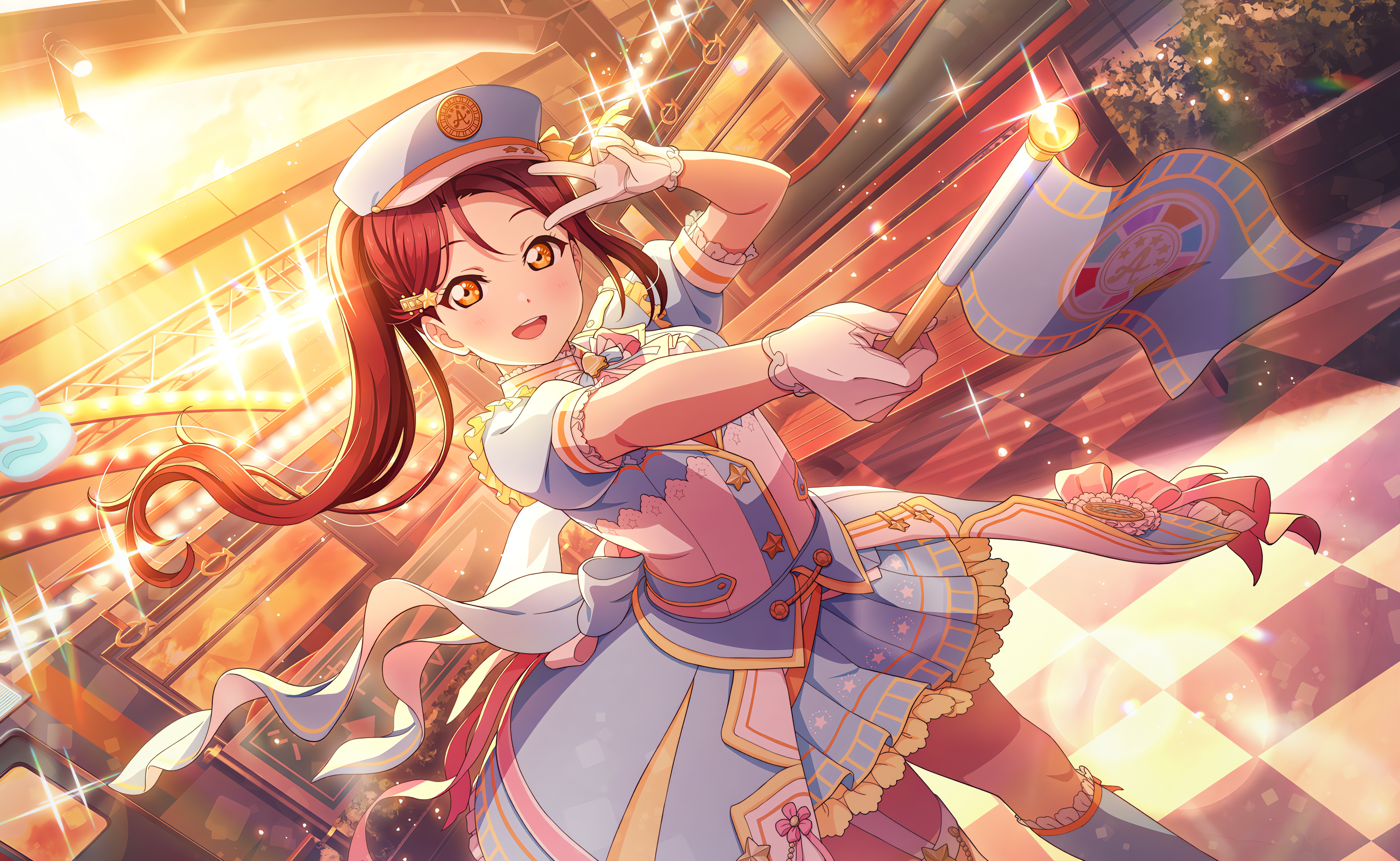 Anime 4096x2520 Sakurauchi Riko Love Live! Love Live! Sunshine anime anime girls uniform flag hat peace sign gloves looking at viewer checkered long hair sunset glow stars stage light