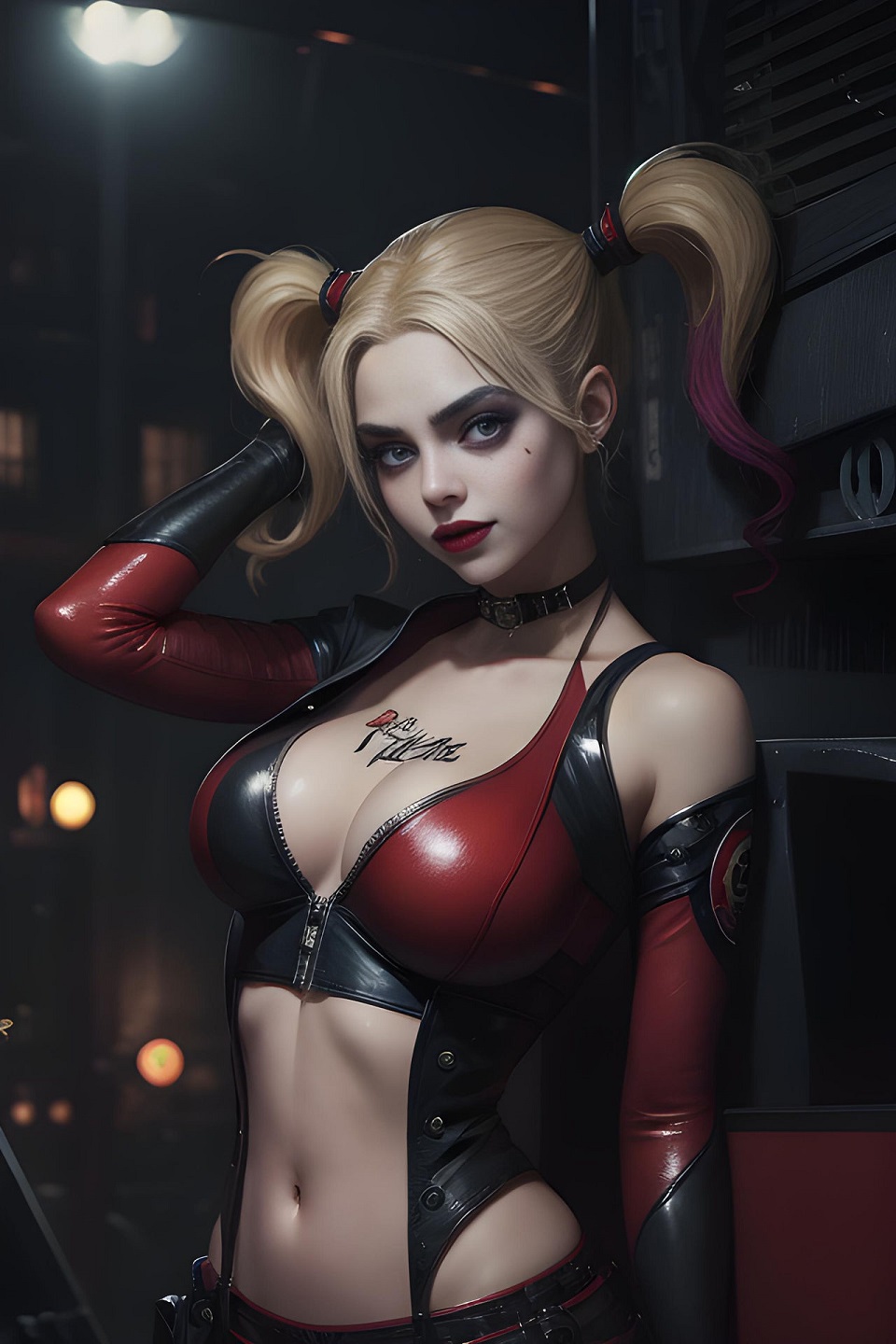 General 960x1440 Stable Diffusion AI art Harley Quinn twintails makeup indoors DC Comics portrait display looking at viewer belly belly button choker