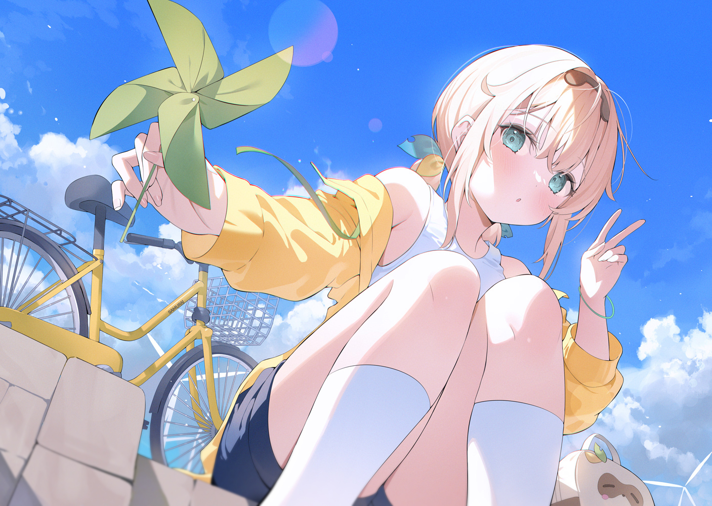 Anime 1407x1000 anime anime girls low-angle blonde peace sign clouds sky looking at viewer short hair loli