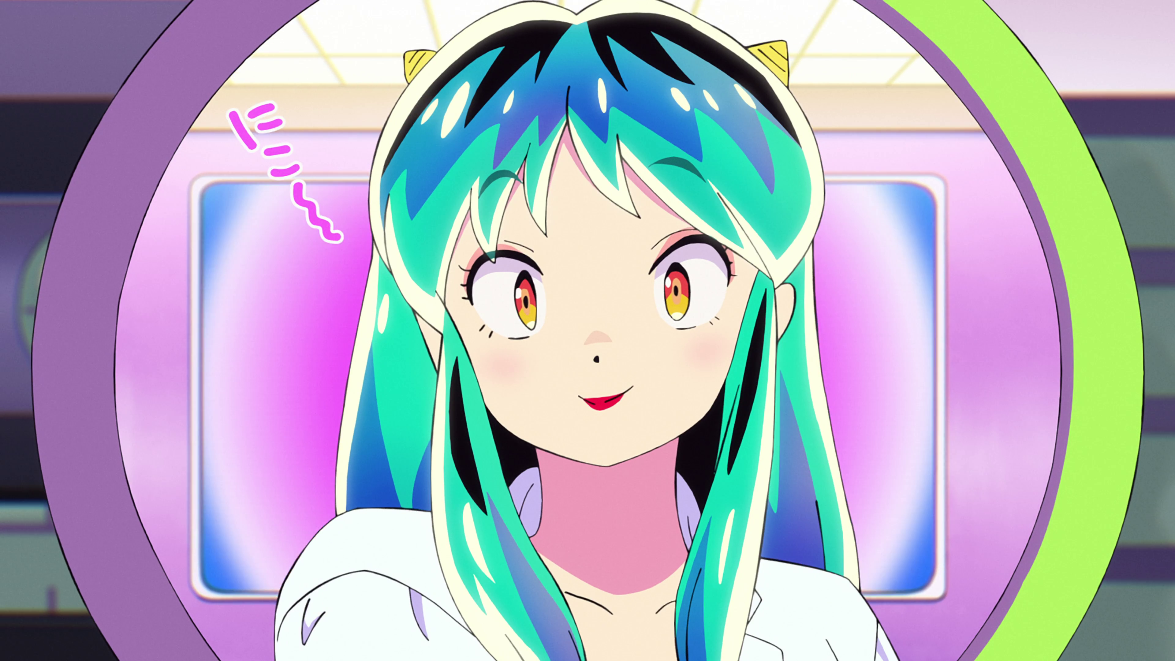 Anime 3840x2160 Urusei Yatsura Lum (Urusei Yatsura) Anime screenshot anime girls mirror multi-colored hair smiling looking at viewer horns