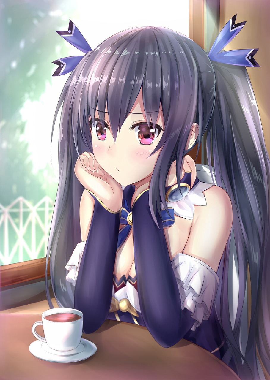 Anime 908x1280 Noire (Hyperdimension Neptunia) Hyperdimension Neptunia Hyperdimension Neptunia mk2 coffee Morning Coffee morning Neptune anime games anime girls manga long hair thinking model women sitting dark hair face Japanese clothes artwork pink eyeshadow video games nature portrait display twintails bow tie cup