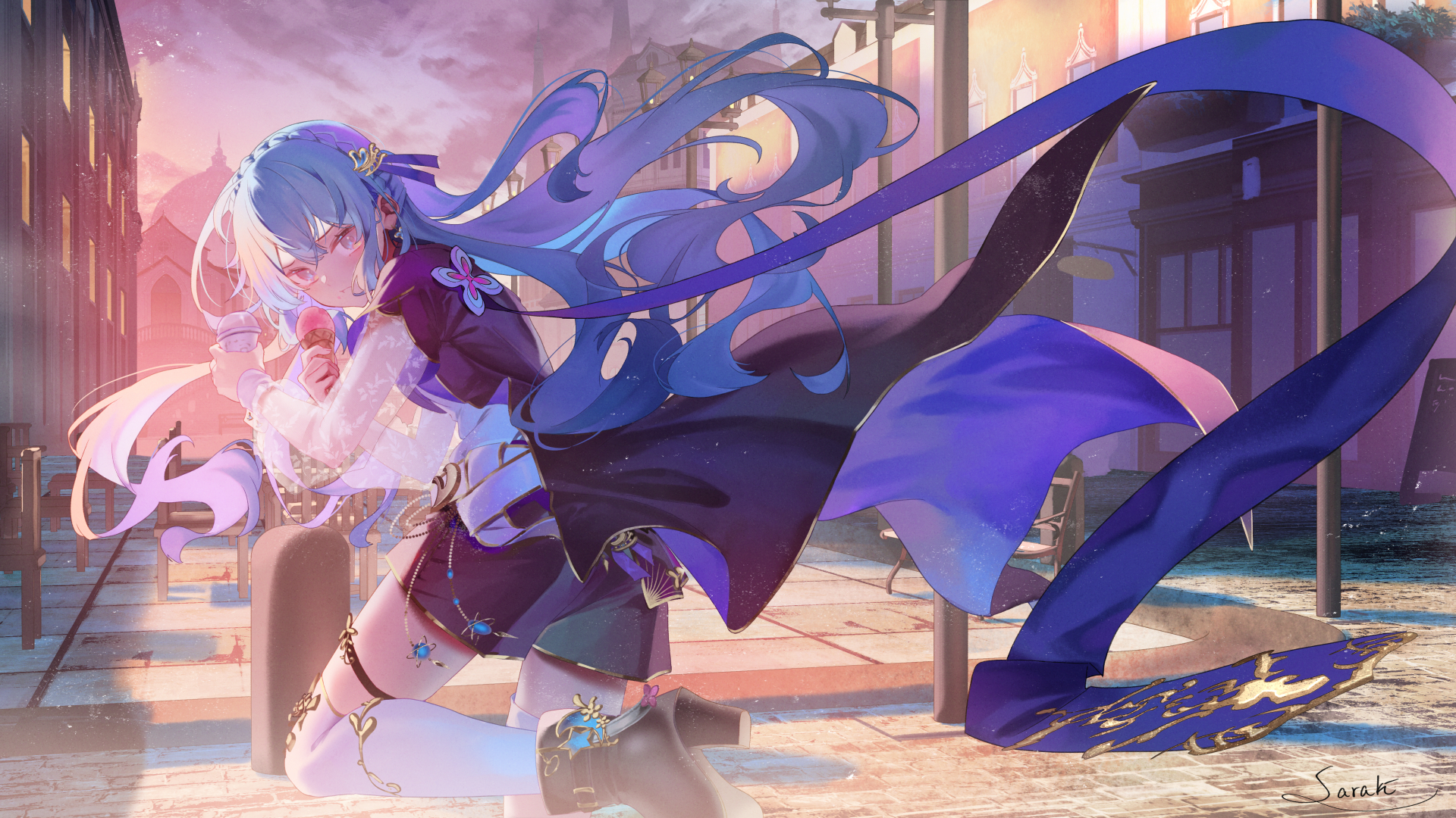 Anime 1920x1080 anime Pixiv anime girls long hair looking at viewer stockings sunset sunset glow heels building ice cream blue hair blue eyes clouds