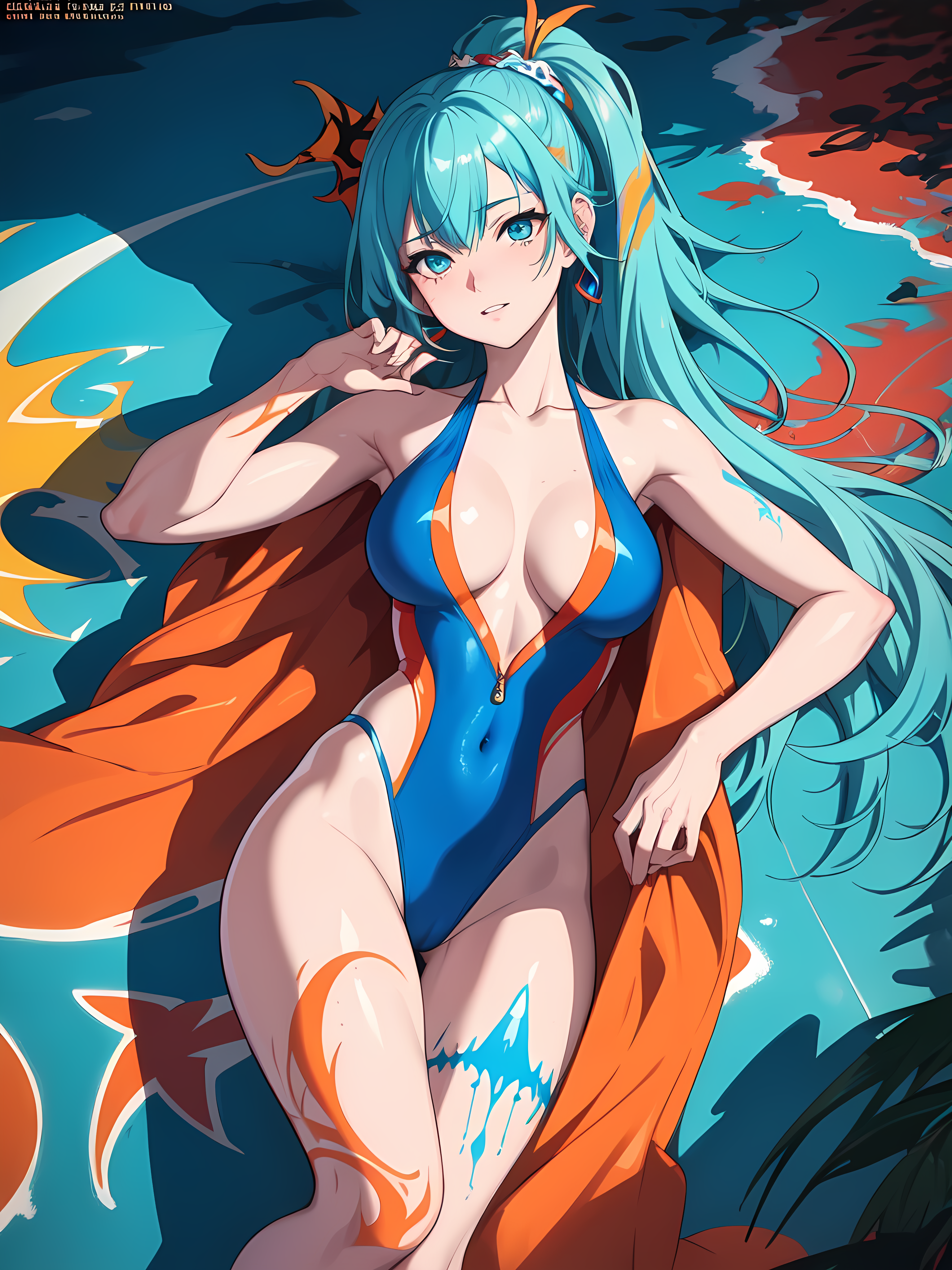 Anime 3072x4096 AI art watercolor style graffiti anime girls portrait display thighs one-piece swimsuit big boobs long hair looking at viewer blue hair blue eyes lying on back blue swimsuit ponytail