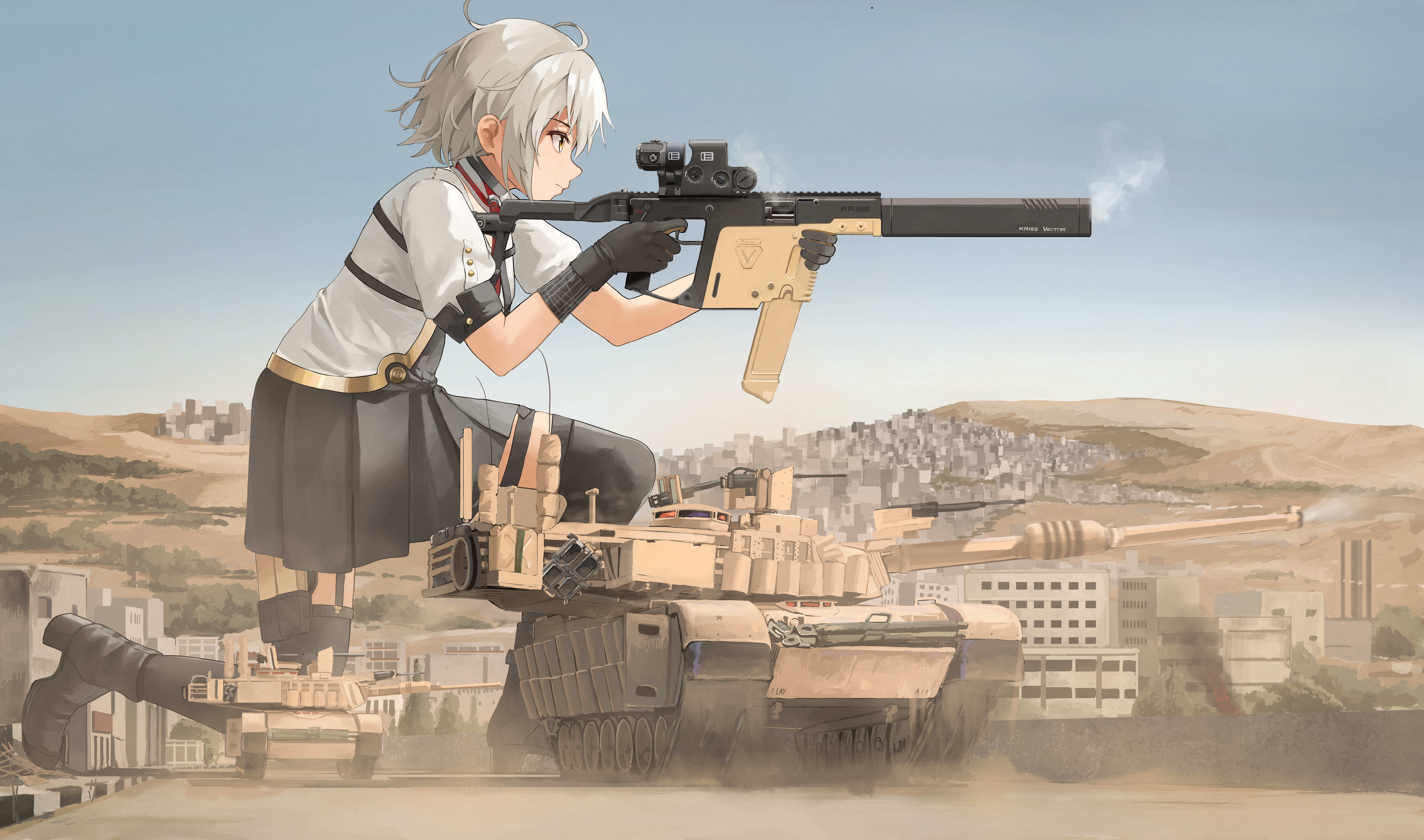 Anime 7428x4382 anime girls tank weapon profile Girls Frontline giant uniform sky city building military vehicle short hair gloves girls with guns gun Kriss Vector