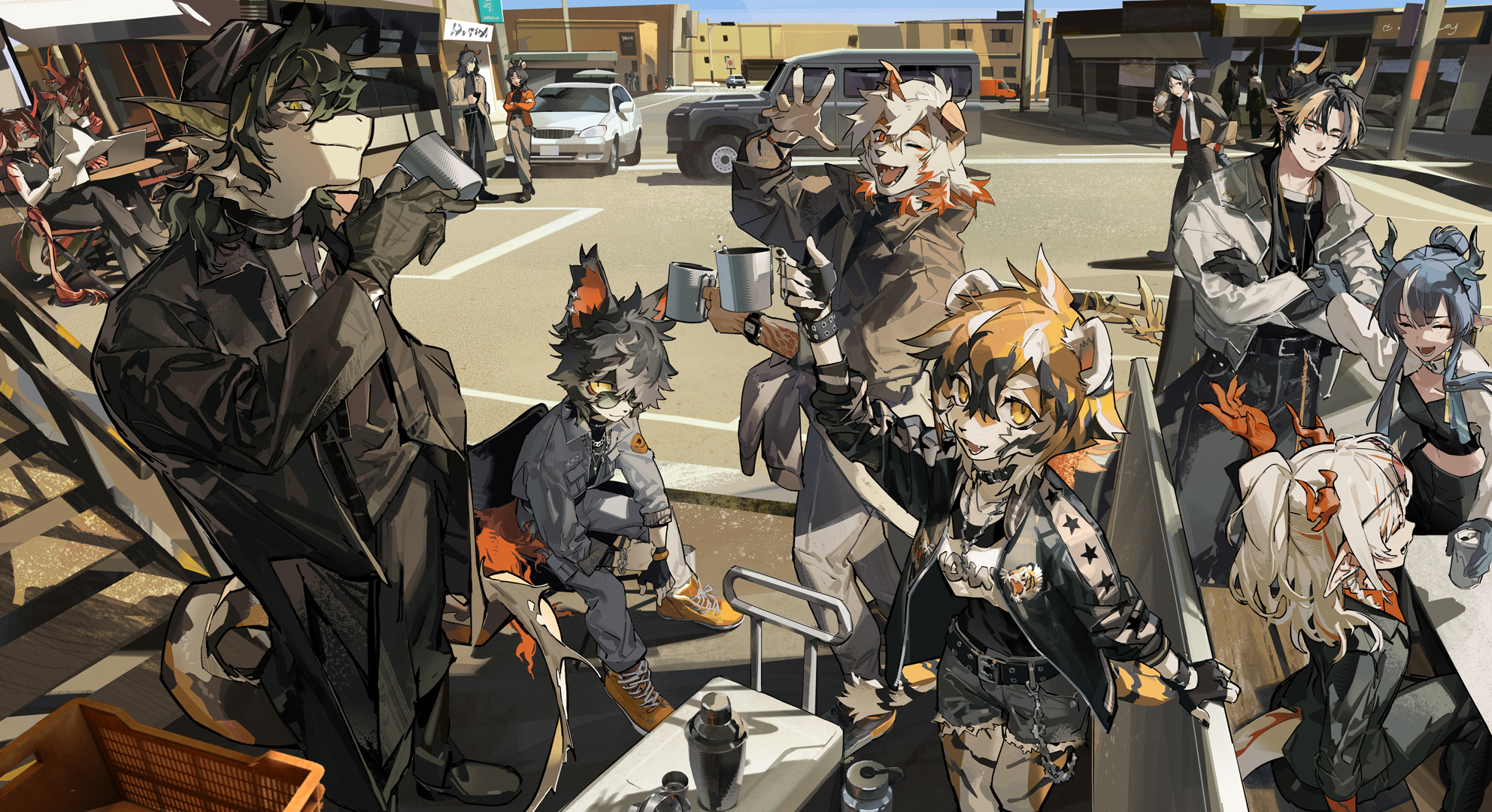 Anime 1984x1080 Arknights Lee(Arknights) Aak (Arknights) Waai Fu(Arknights) Hung (Arknights) Chongyue(Arknigths) anime girls anime boys furry pointy ears gloves looking at viewer Anthro