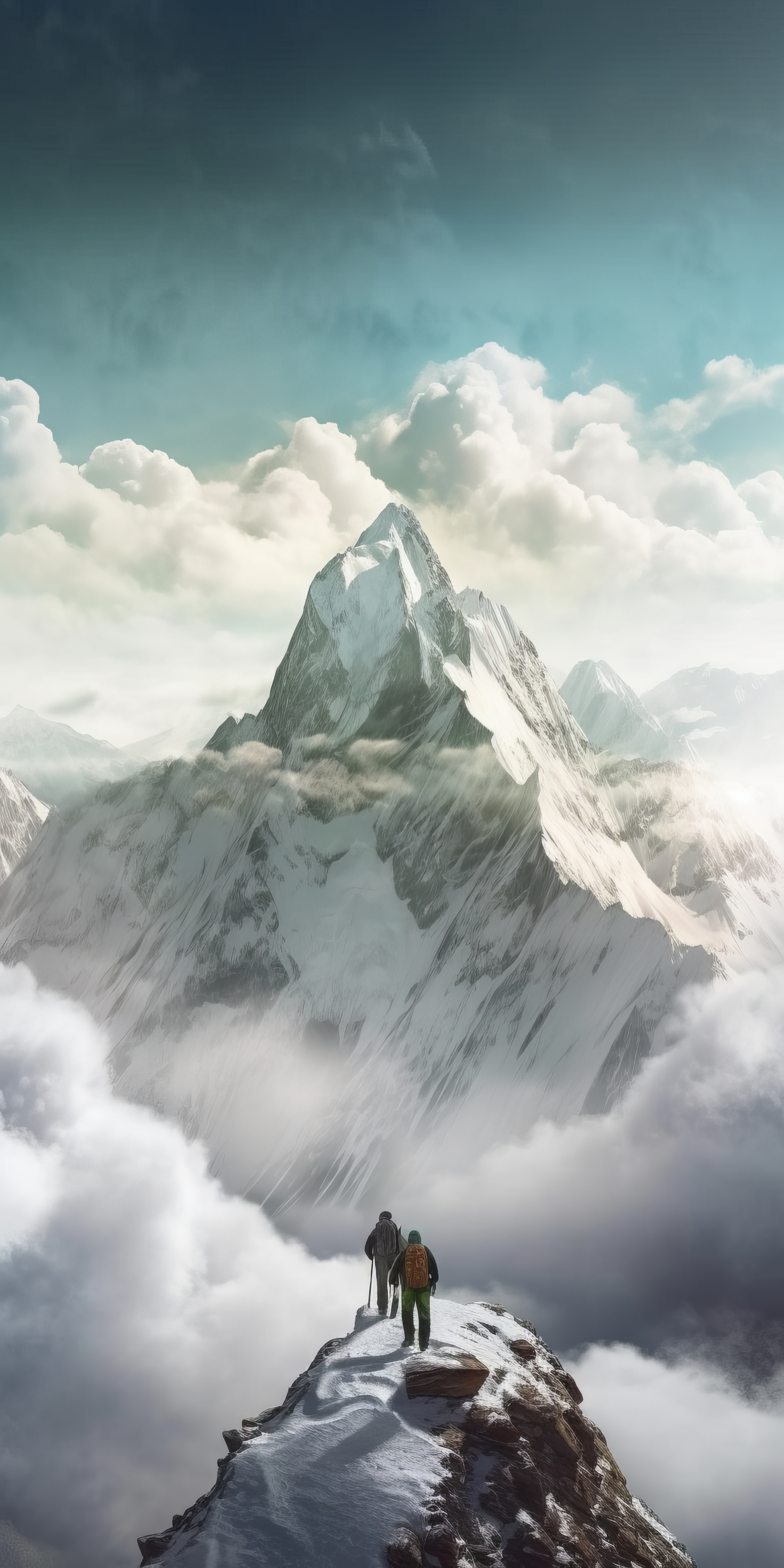 General 1536x3072 AI art portrait display illustration mountains mountaineering clouds snow backpacks sky
