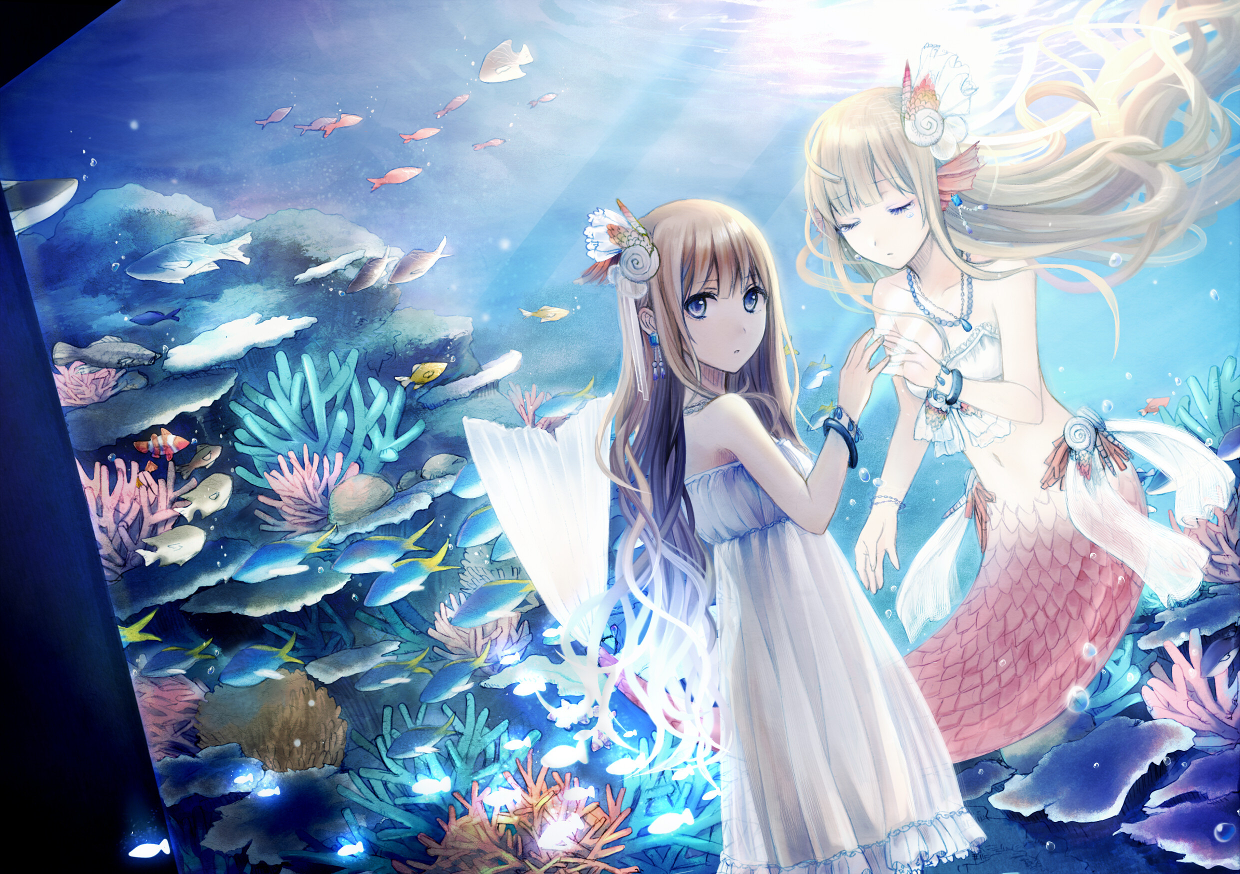 Anime 2480x1748 anime anime girls coral in water water looking at viewer sunlight fish animals closed eyes long hair tail bubbles mermaids