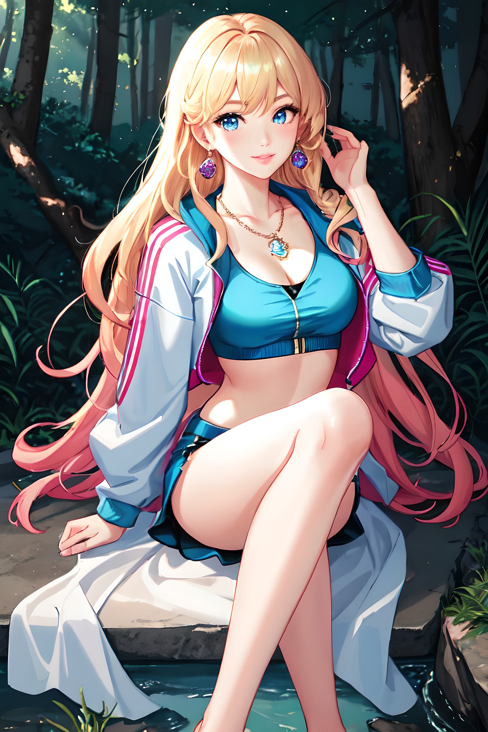 Anime 1920x2880 anime girls Naoko Takeuchi style manga AI art character design  portrait display long hair earring necklace legs crossed trees looking at viewer smiling water