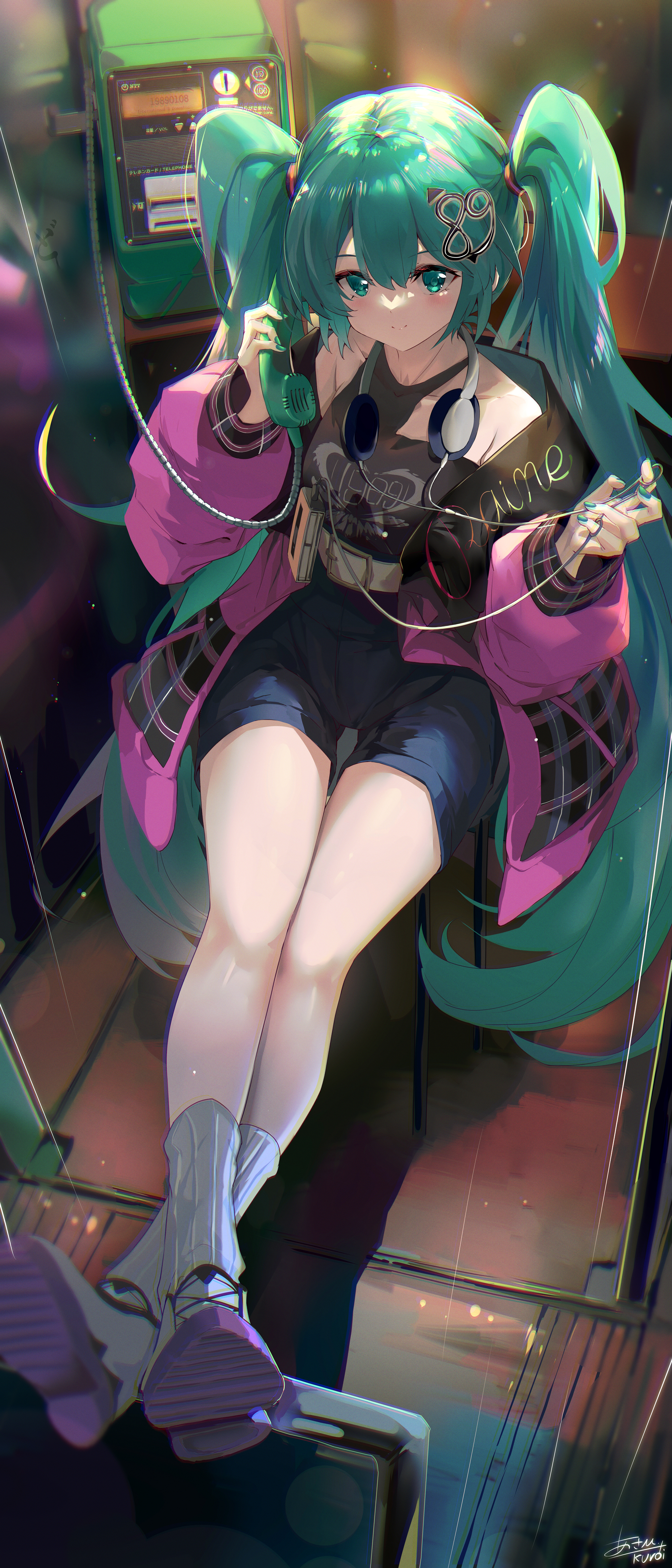 Anime 1688x3939 Vocaloid Hatsune Miku anime girls portrait display twintails sitting legs crossed legs phone looking at viewer smiling long hair headphones thighs