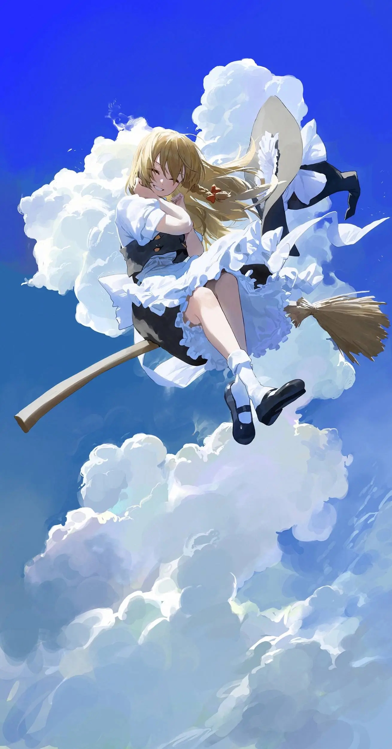 Anime 1310x2500 Touhou Kirisame Marisa sky portrait display anime girls clouds closed eyes witch hat witch's broom long hair hair blowing in the wind braids happy blonde