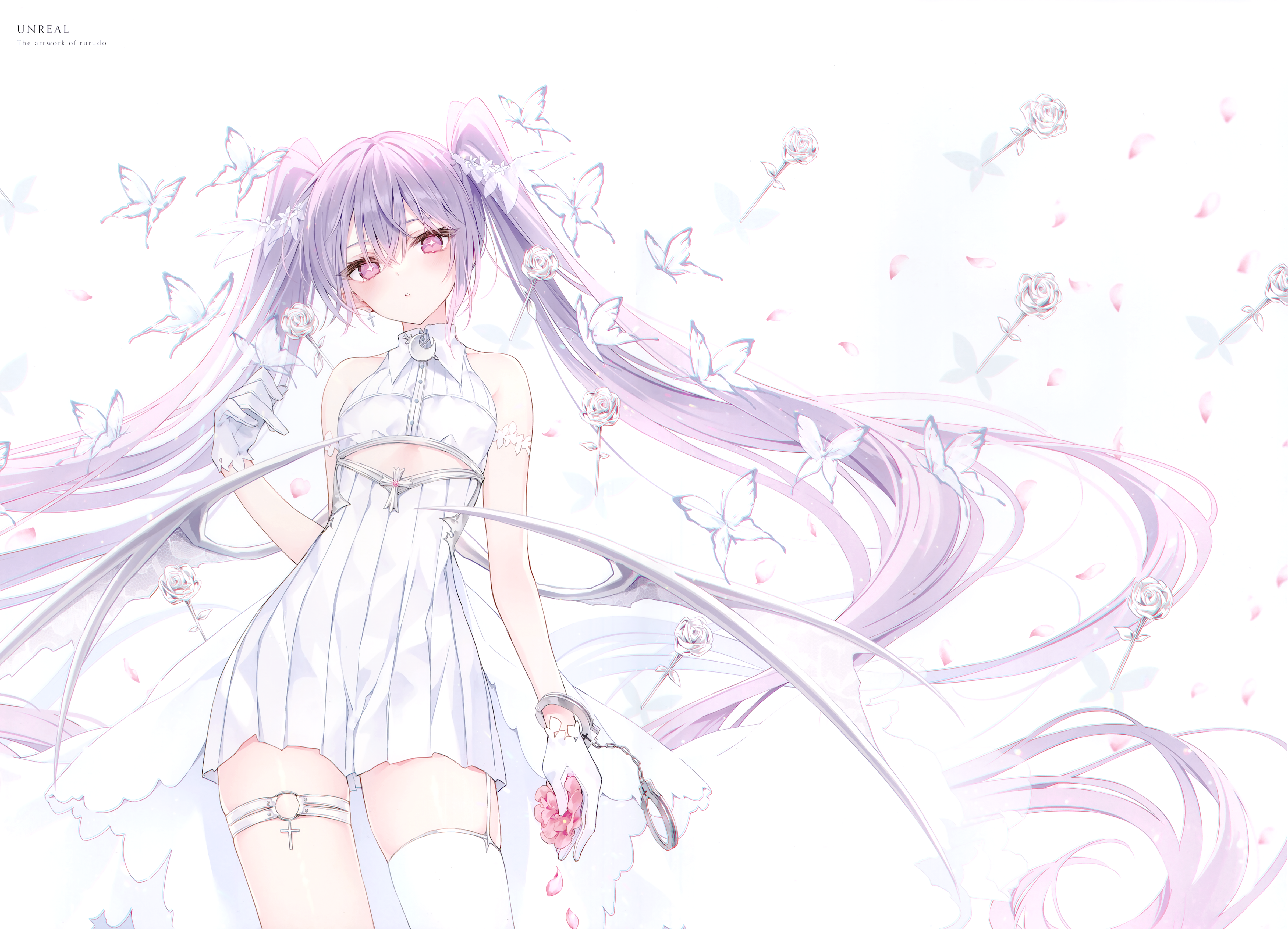 Anime 4789x3456 anime Rurudo anime girls wings petals dress butterfly flowers long hair twintails looking at viewer gloves handcuffs white dress