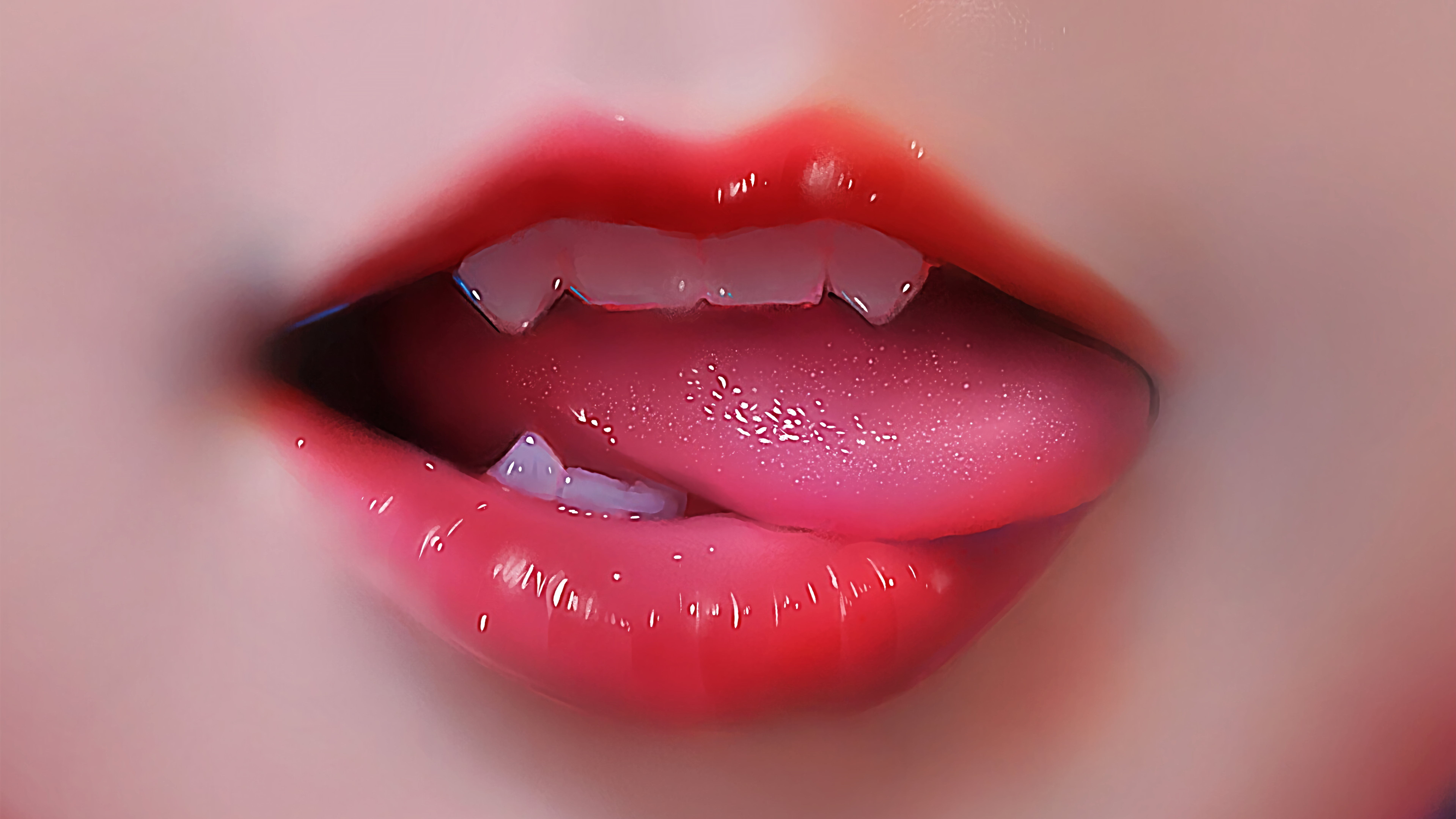 General 7676x4317 mouth licking lips red lipstick women tongues digital art teeth vampire girl