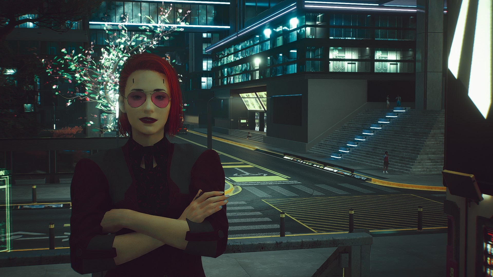 General 1920x1080 Cyberpunk 2077 female version V (Cyberpunk 2077) women with glasses city multi colored clothing video game characters screen shot dark lipstick building arms crossed CGI looking at viewer video games short hair road night stairs glasses crosswalk redhead CG characters