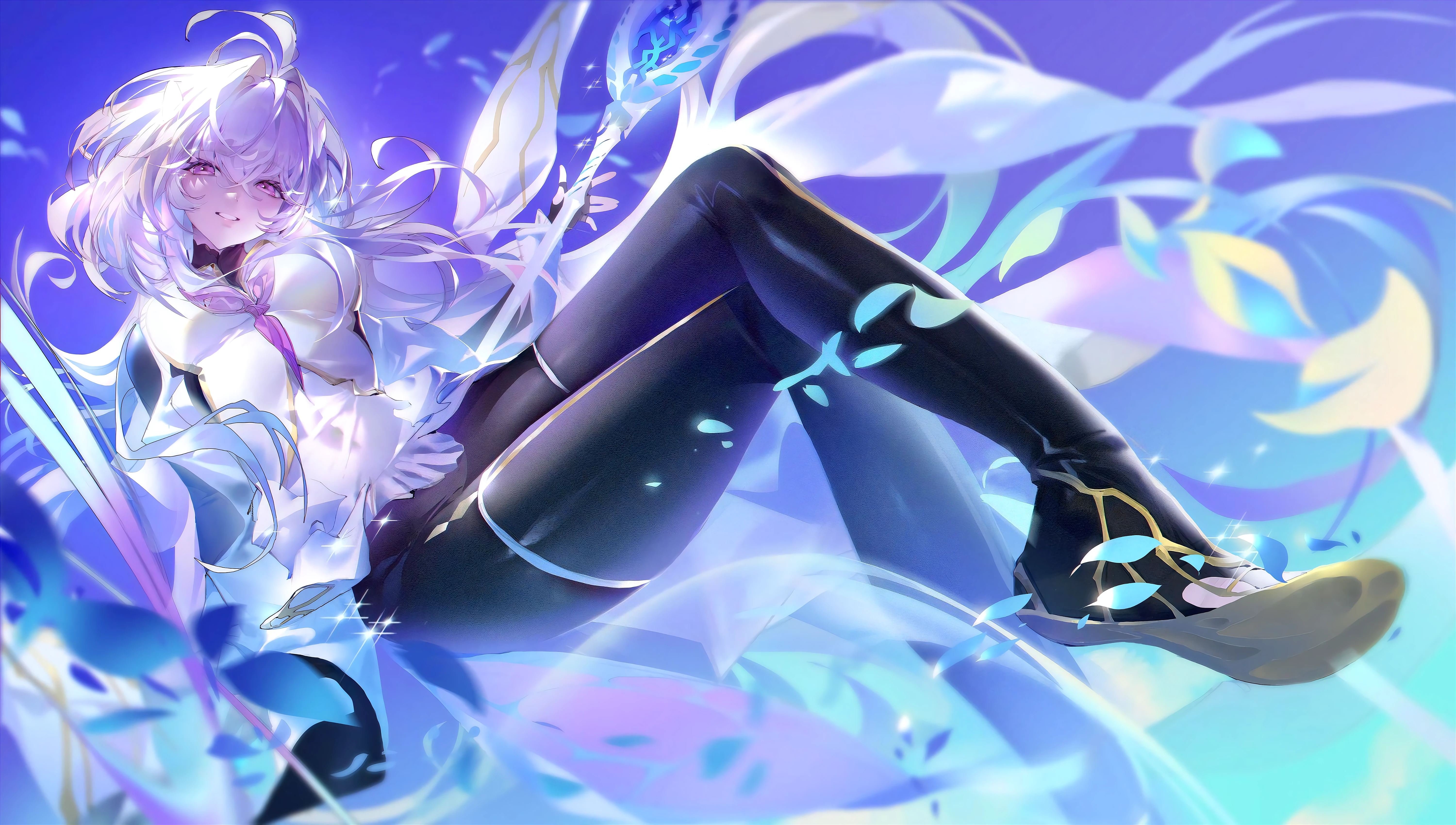 Anime 6000x3398 anime anime girls FateGrand Order long hair looking at viewer smiling leaves legs crossed purple eyes