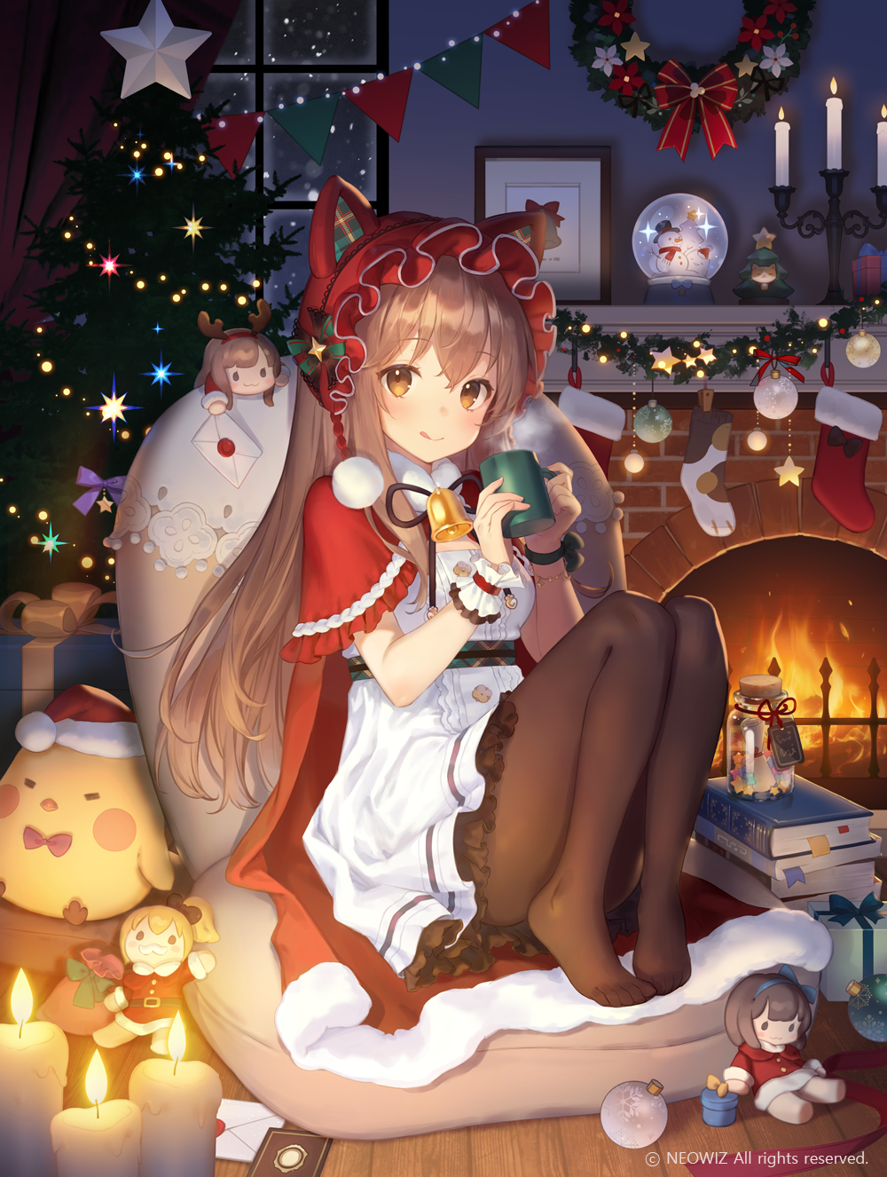 Anime 1000x1326 Pixiv Nyma portrait display anime girls tongue out Christmas looking at viewer pantyhose fireplace Christmas ornaments  Christmas tree long hair brunette brown eyes cup candles Santa hats cat ears bow tie books Christmas presents