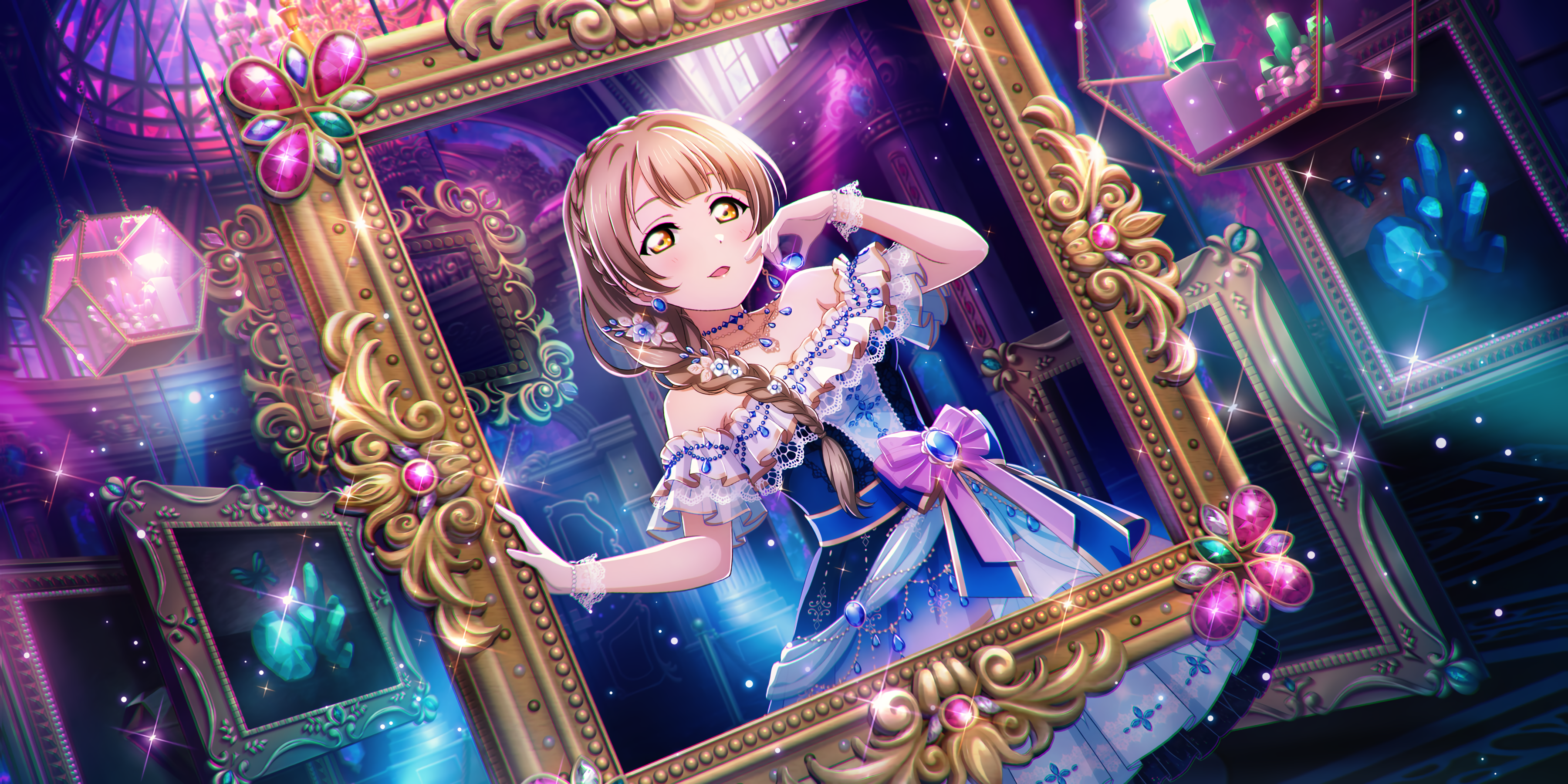 Anime 3600x1800 Minami Kotori Love Live! anime anime girls dress picture frames necklace braids bracelets looking at viewer stars bow tie earring jewelry picture