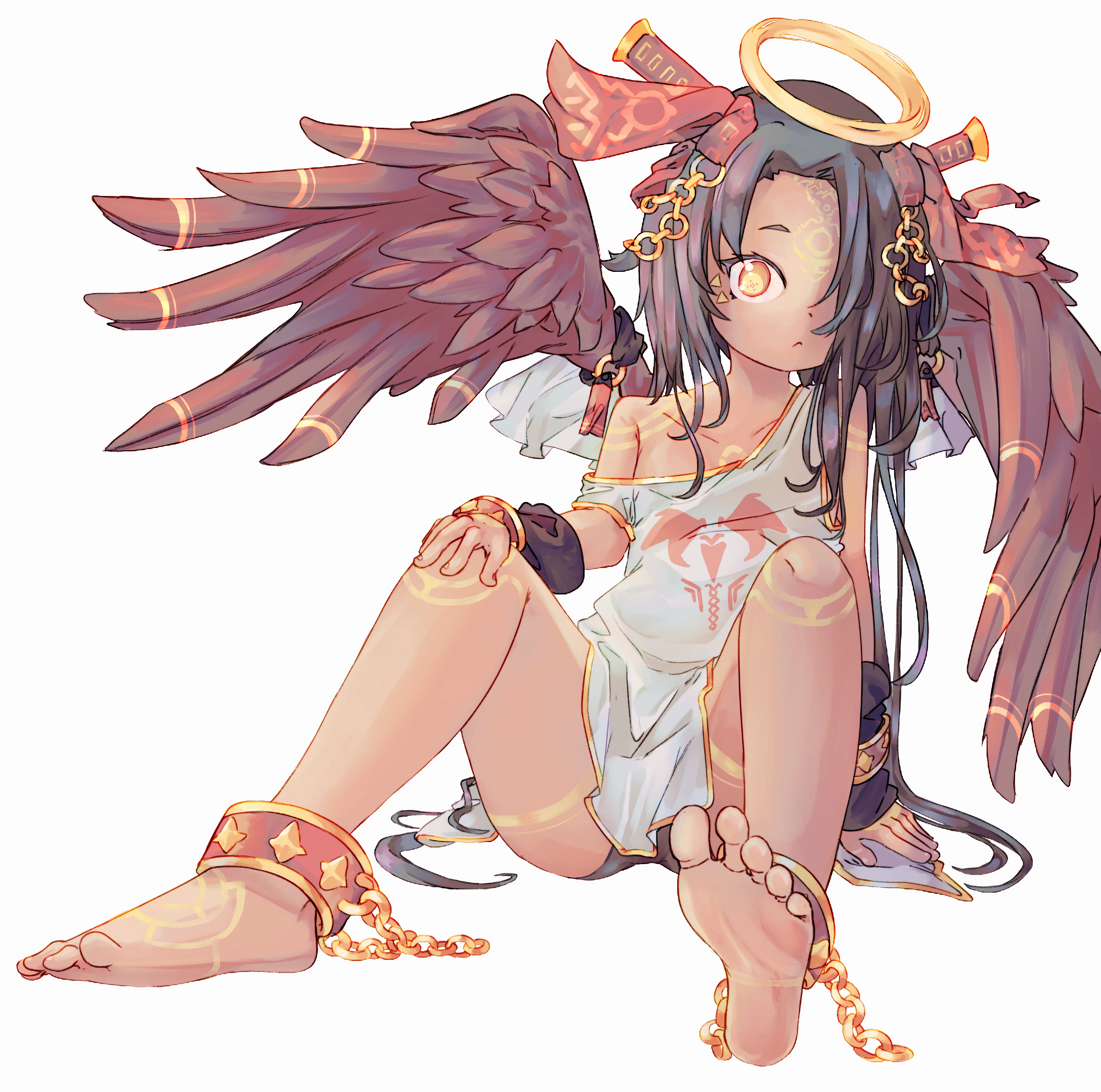Anime 4000x3968 foot sole anime girls wings hair over one eye feet white background simple background long hair looking at viewer loli