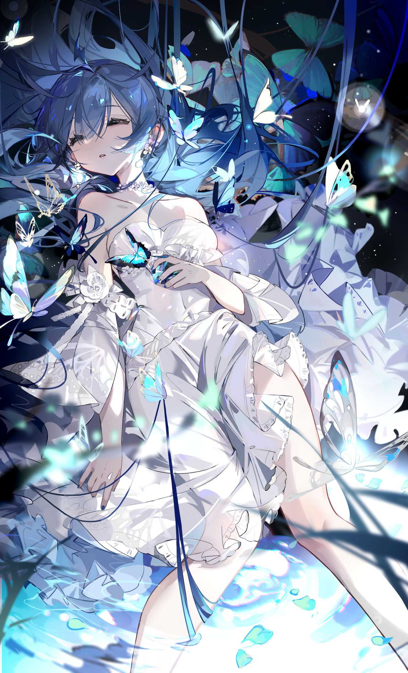 Anime 1300x2143 Lltchi anime anime girls Vocaloid portrait display long hair blue hair closed eyes butterfly bare shoulders dress leaves water lying down lying on back choker insect Hatsune Miku