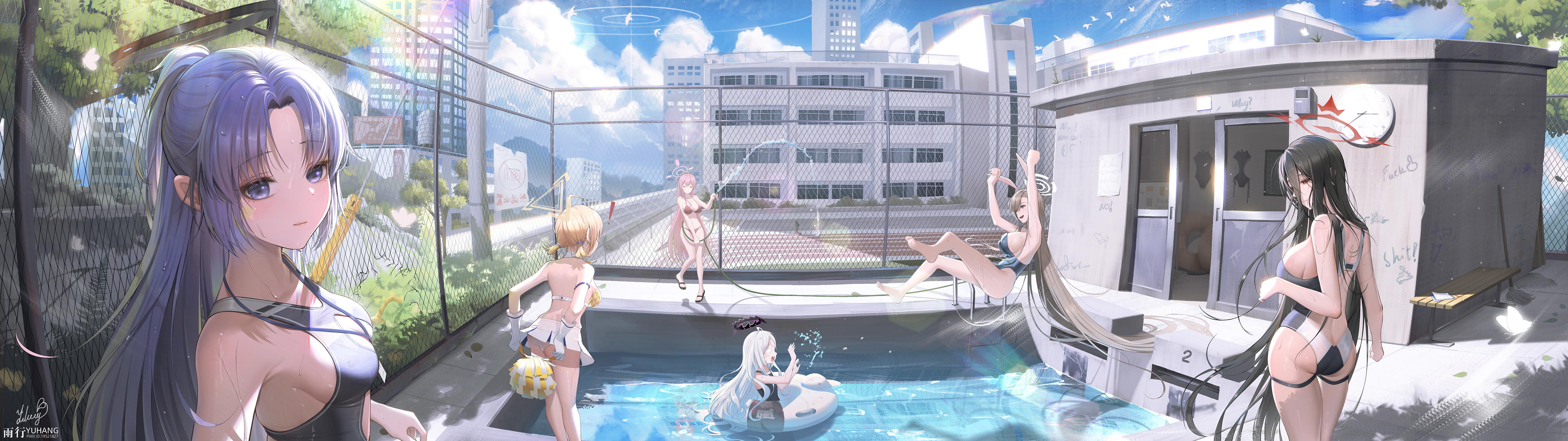 Anime 4500x1266 Blue Archive swimwear anime girls looking back Asuna Ichinose water Hanako (Blue Archive) ass Hanekawa Hasumi (Blue Archive) Sorasaki Hina (Blue Archive) Kotori Toyomi (Blue Archive) Hayase Yuuka wet body group of women clouds women outdoors floater swimming pool sideboob one-piece swimsuit hose long hair water drops big boobs watermarked signature Yuxing Yuhang bare shoulders jumping bikini looking at viewer building wet sky bright