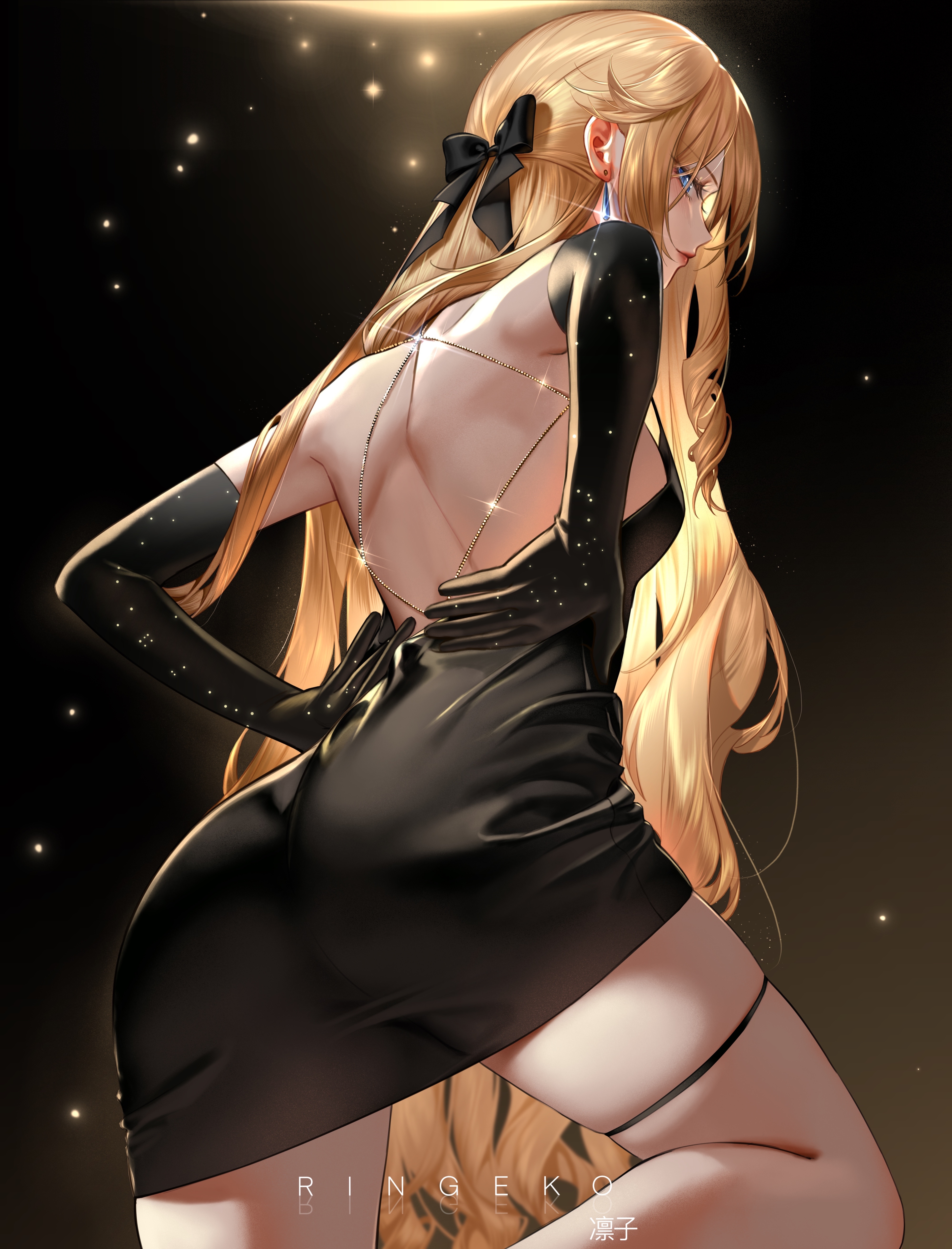 Anime 4000x5246 Genshin Impact long hair portrait display anime girls Navia (Genshin Impact) ass black dress looking back looking at viewer blonde blue eyes Ringeko-Chan simple background dress black gloves elbow gloves black clothing rear view Japanese watermarked arm(s) behind back gloves backless backless dress jewelry black ribbons hair bows thigh strap bare shoulders boobs sideboob minidress black minidress back sparkles long earrings dark background thighs