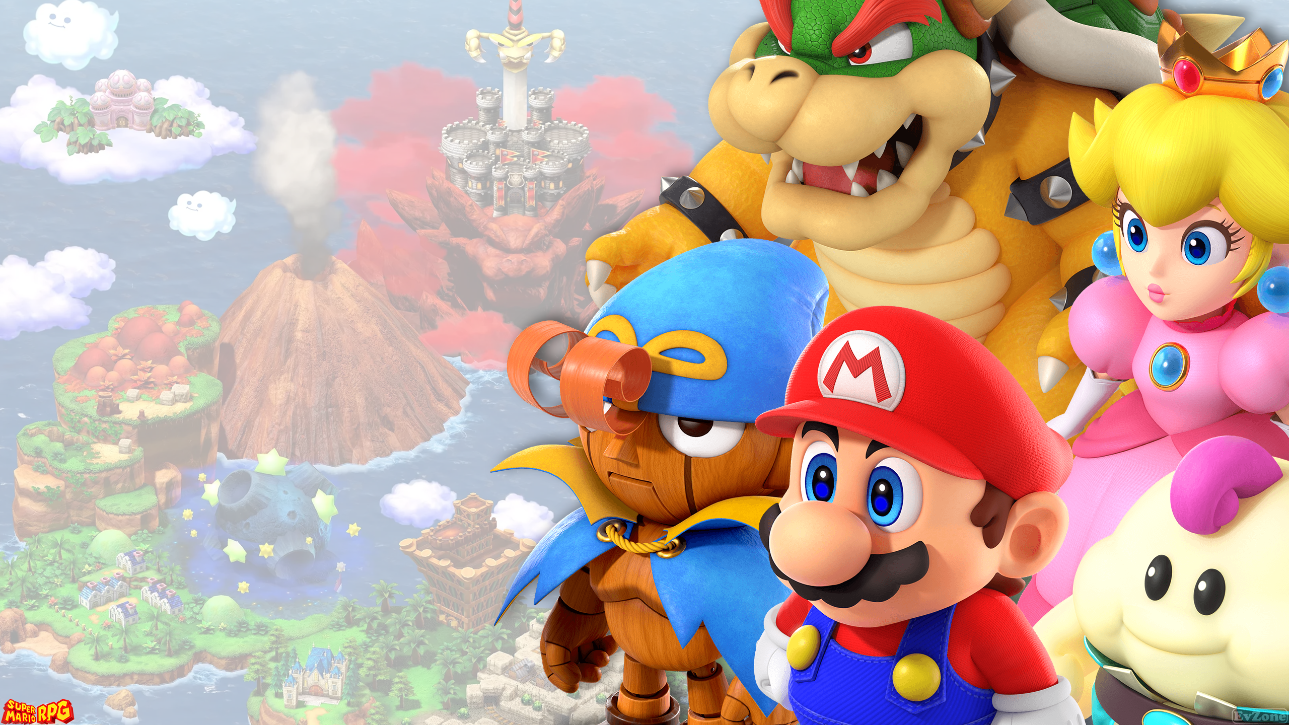 General 2560x1440 super mario rpg Mario Bowser Princess Peach digital art video games watermarked crown hat video game characters moustache looking away title volcano clouds landscape smoke water Mallow (Super Mario) Geno (Super Mario)
