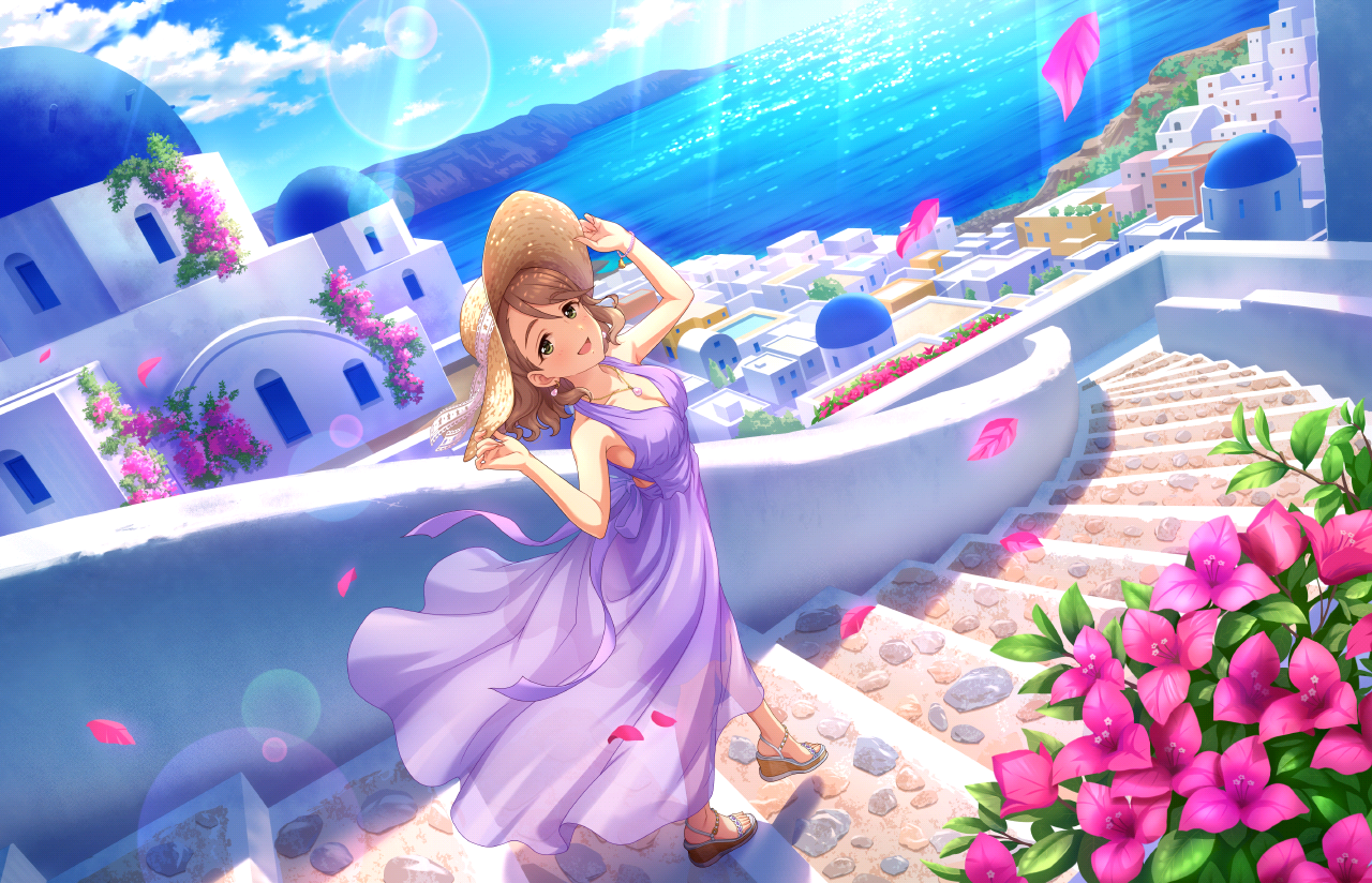 Anime 1280x824 THE iDOLM@STER flowers anime girls Yanagi Kiyora brunette architecture green eyes straw hat purple dress looking back looking at viewer horizon sun hats pink flowers petals women outdoors stairs sea house building sunlight sandals open mouth smiling summer dress