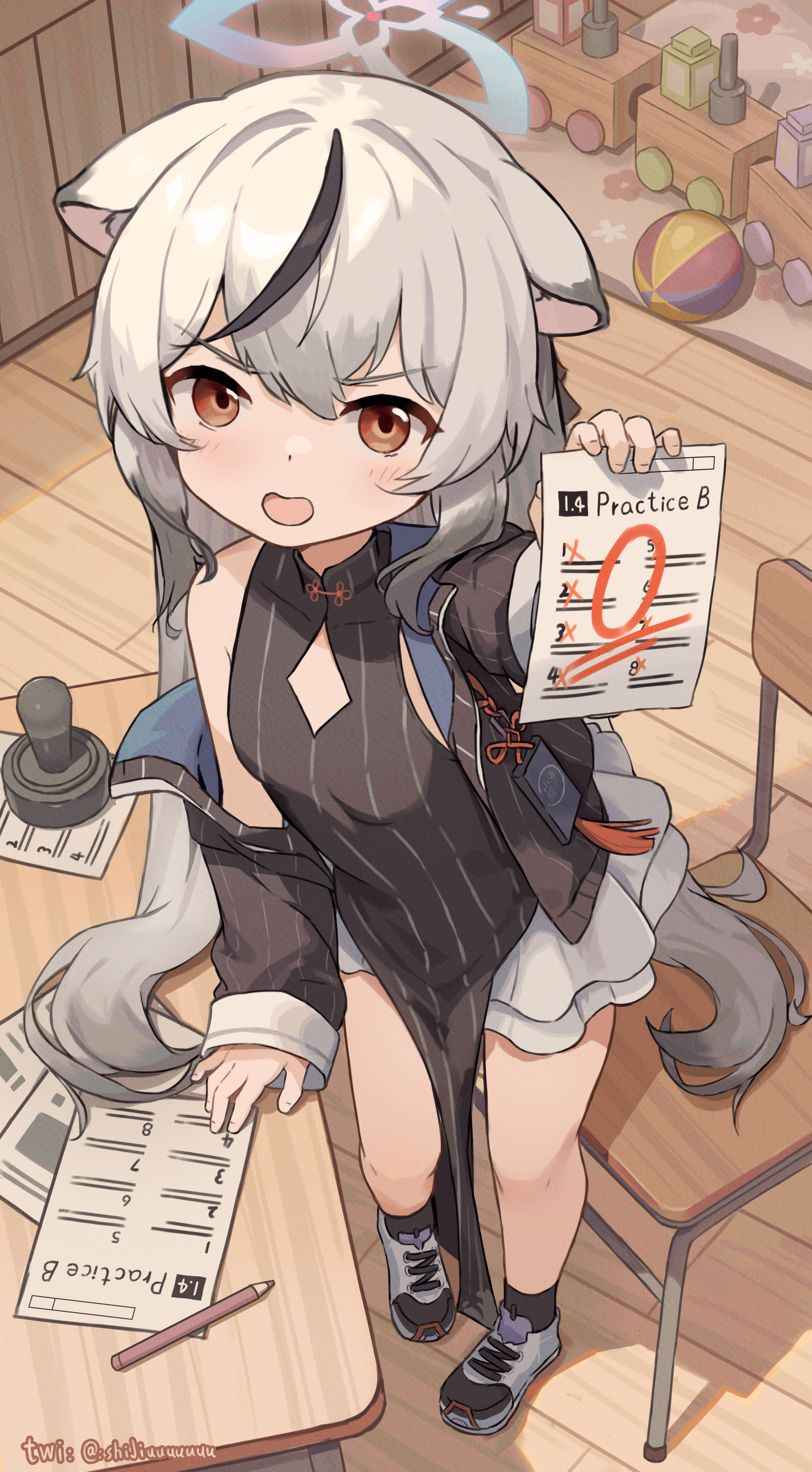 Anime 3240x5871 anime girls cheongsam Blue Archive anime games long hair brown eyes portrait display gray hair Sunohara Kokona paper looking at viewer chair two tone hair animal ears watermarked desk blushing open mouth wood floor standing loli