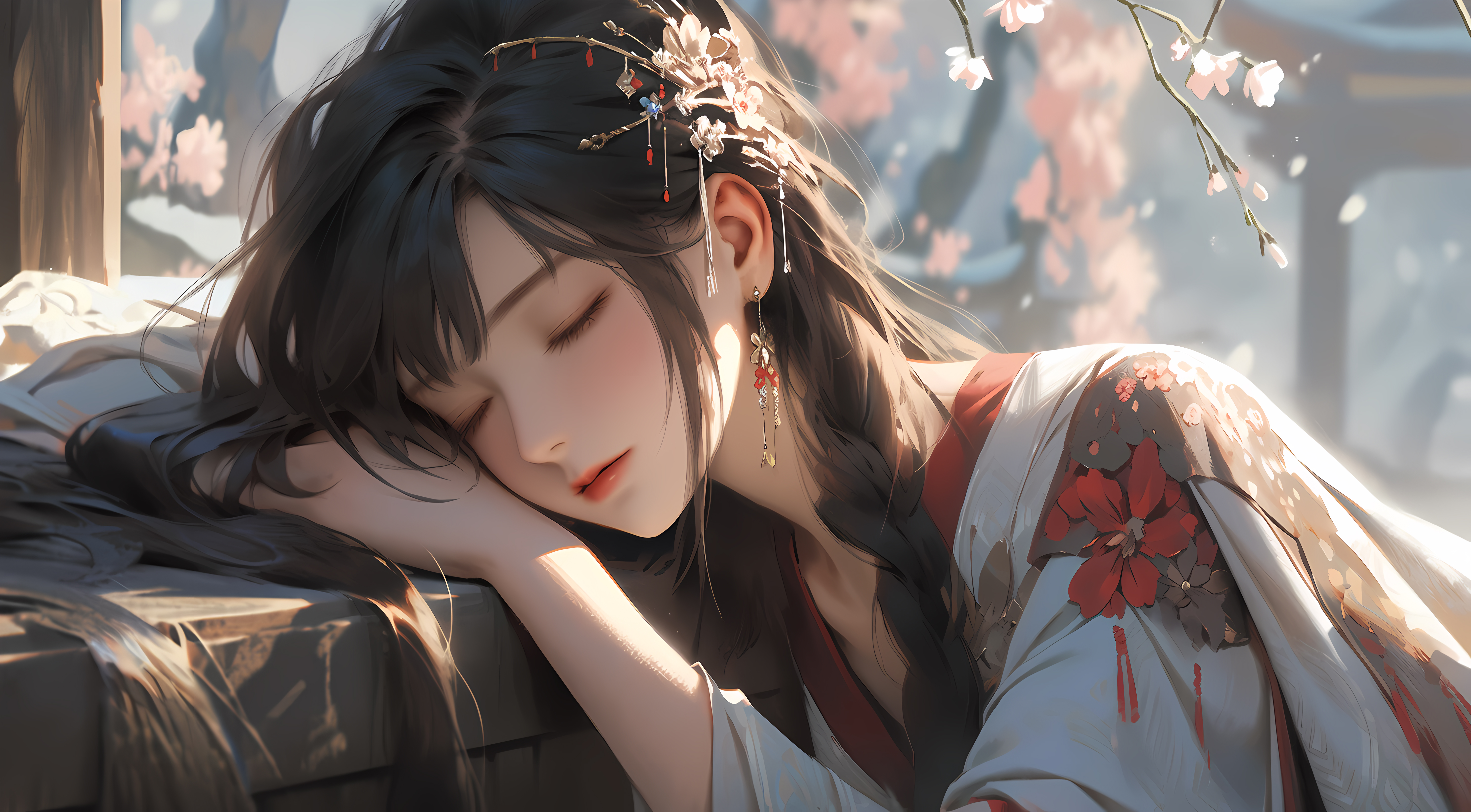 General 5824x3216 closed eyes sleeping earring long hair sunlight braids branch flowers torii Asian women AI art