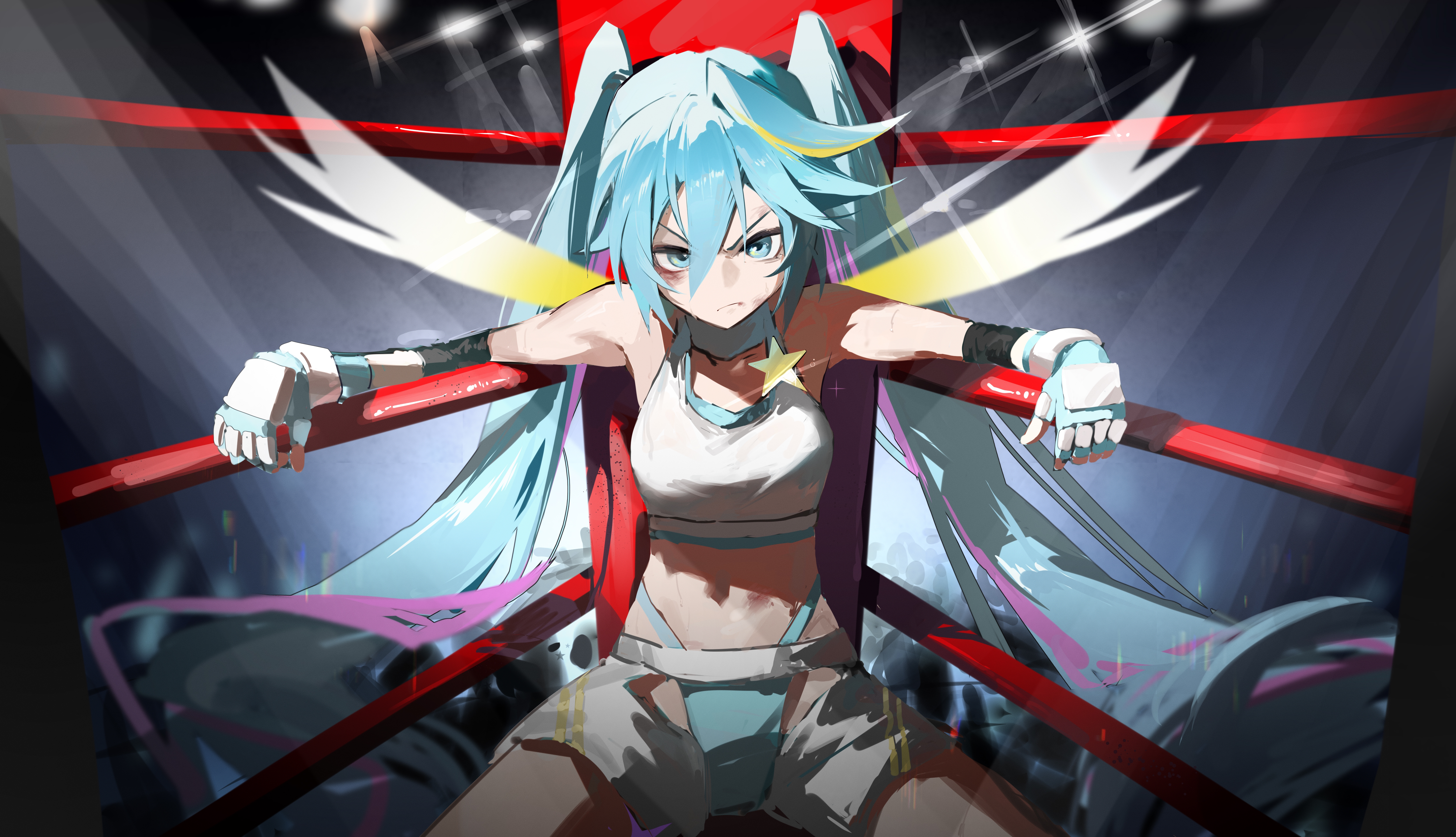 Anime 5034x2894 anime anime girls Hatsune Miku Vocaloid long hair twintails blue hair blue eyes looking at viewer sitting boxing ring gloves stages stage light injured armpits fingerless gloves