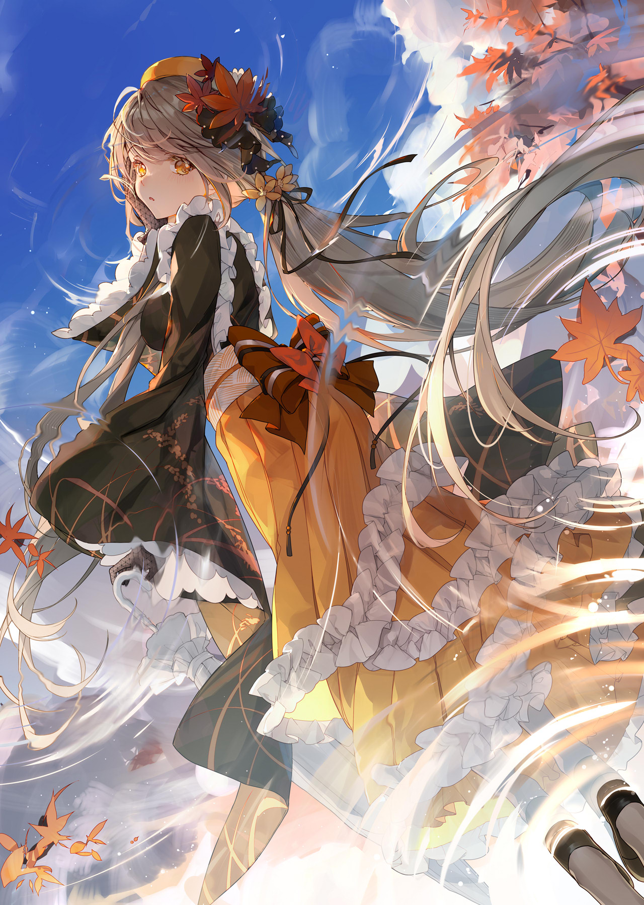 Anime 1280x1798 anime girls portrait display looking back long hair yellow eyes gray hair hat Japanese clothes looking at viewer frills black gloves umbrella long sleeves outdoors maple leaves leaves hair ornament gloves bison cangshu clouds ripples sky skirt