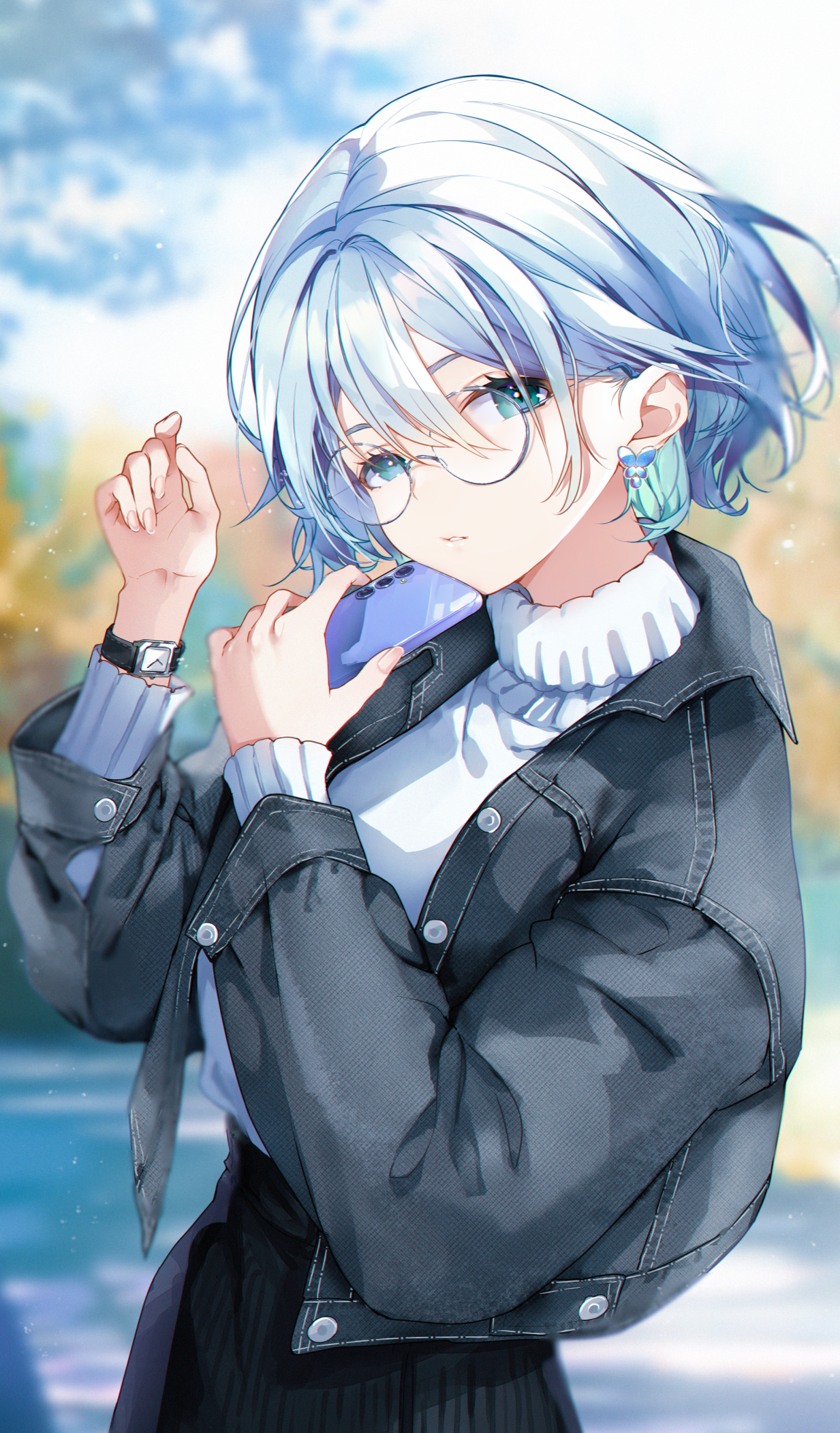 Anime 1233x2102 anime anime girls original characters glasses blue hair blue eyes looking at viewer short hair jacket portrait display blurred blurry background standing earring phone